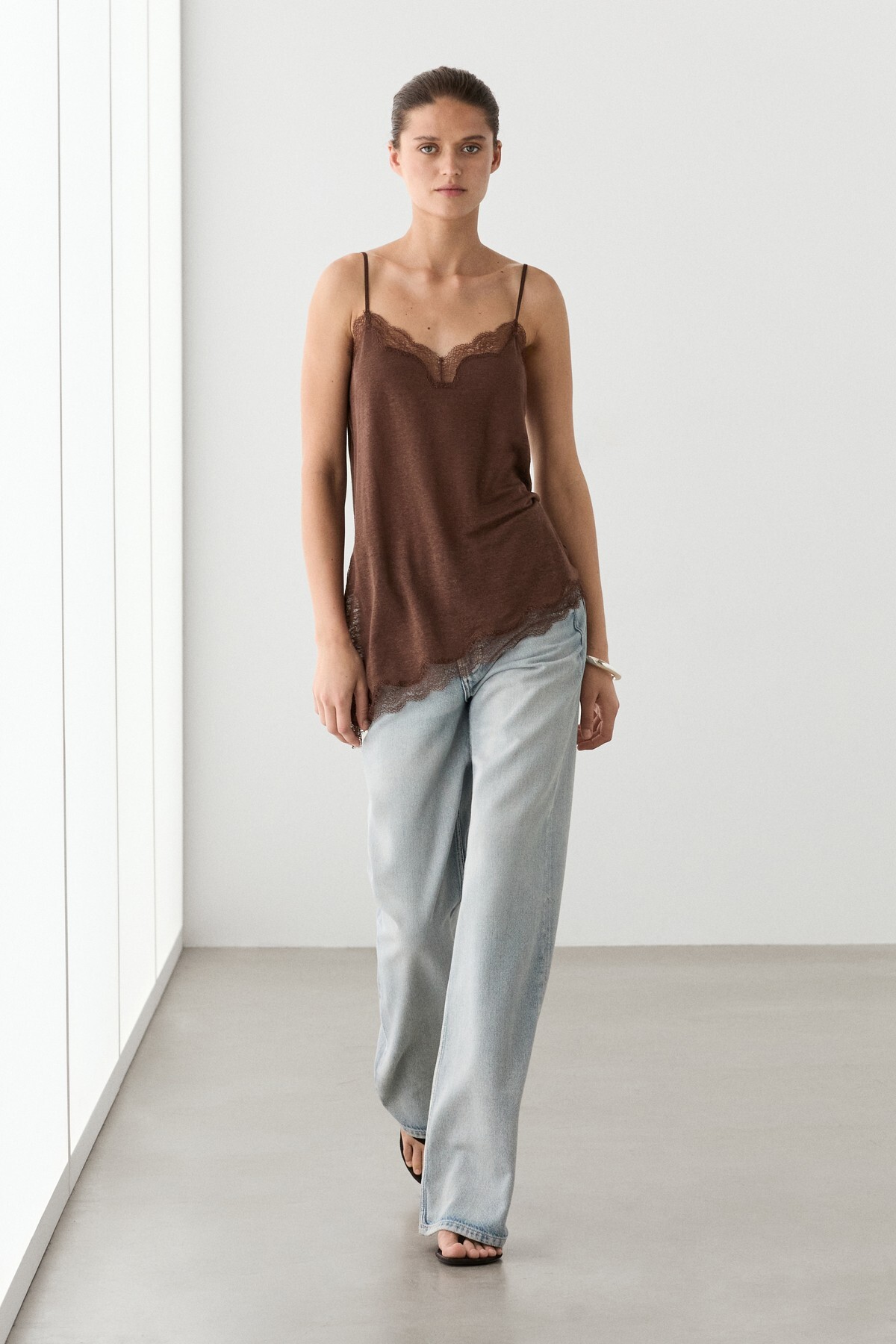 Asymmetrical linen blend lace blouse