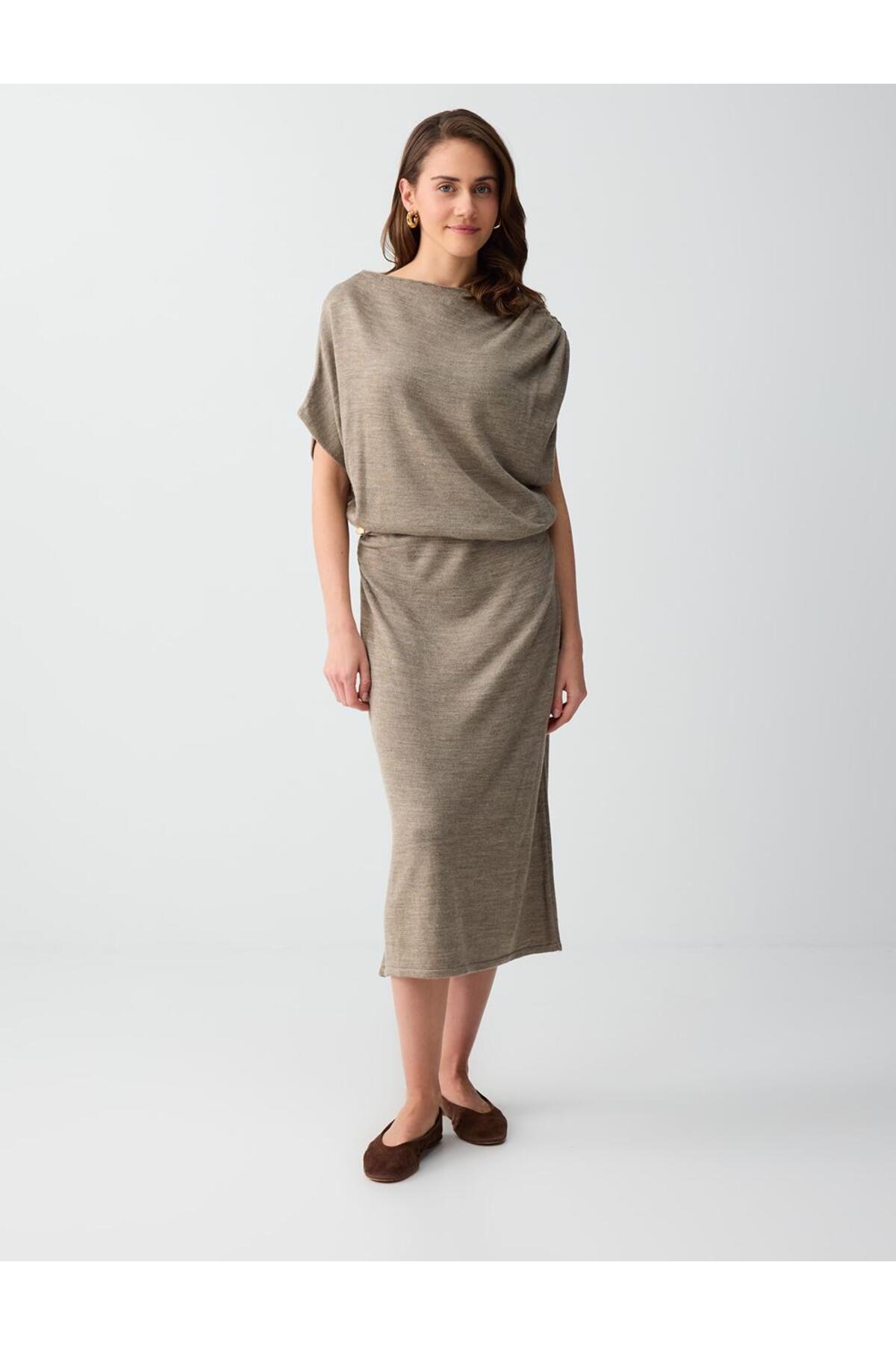 Jimmy Key Beige Melange Boat Neck Gathered Off-Shoulder Knit Midi Dress