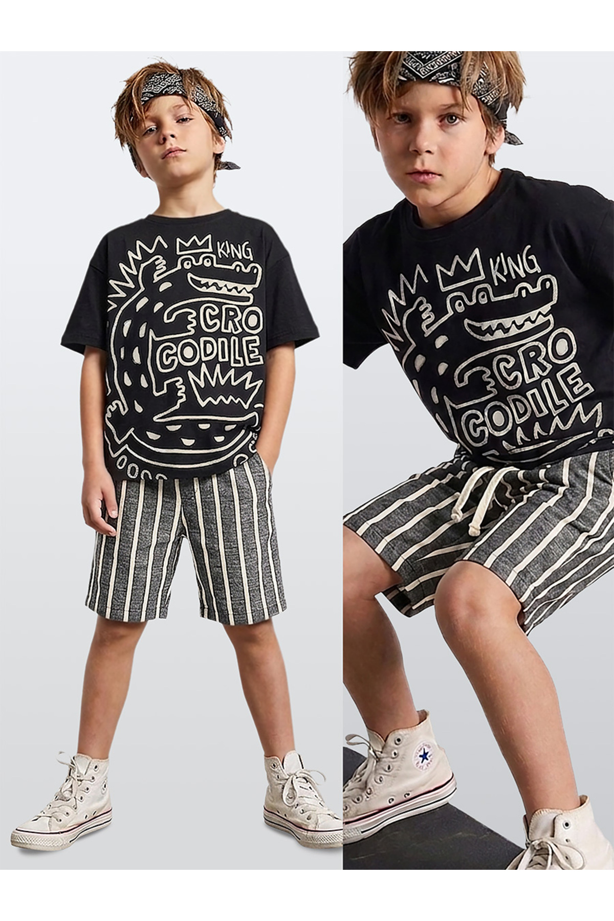 Boys' Set Croco Black T-Shirt and Striped Linen Look Summer Shorts