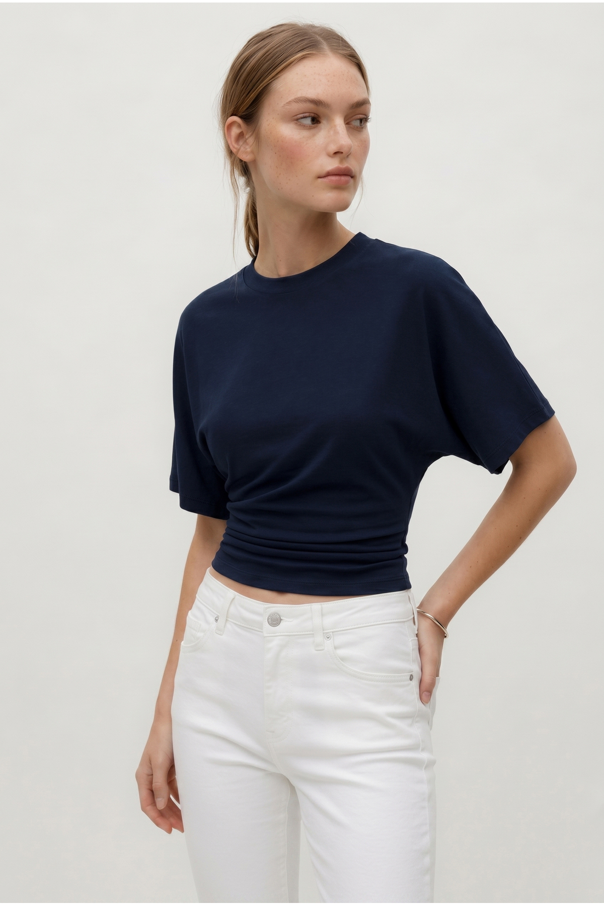 OLYNN Lacivert Ultra Premium Soft Bele Oturan Geniş Kollu Bluz görsel 2