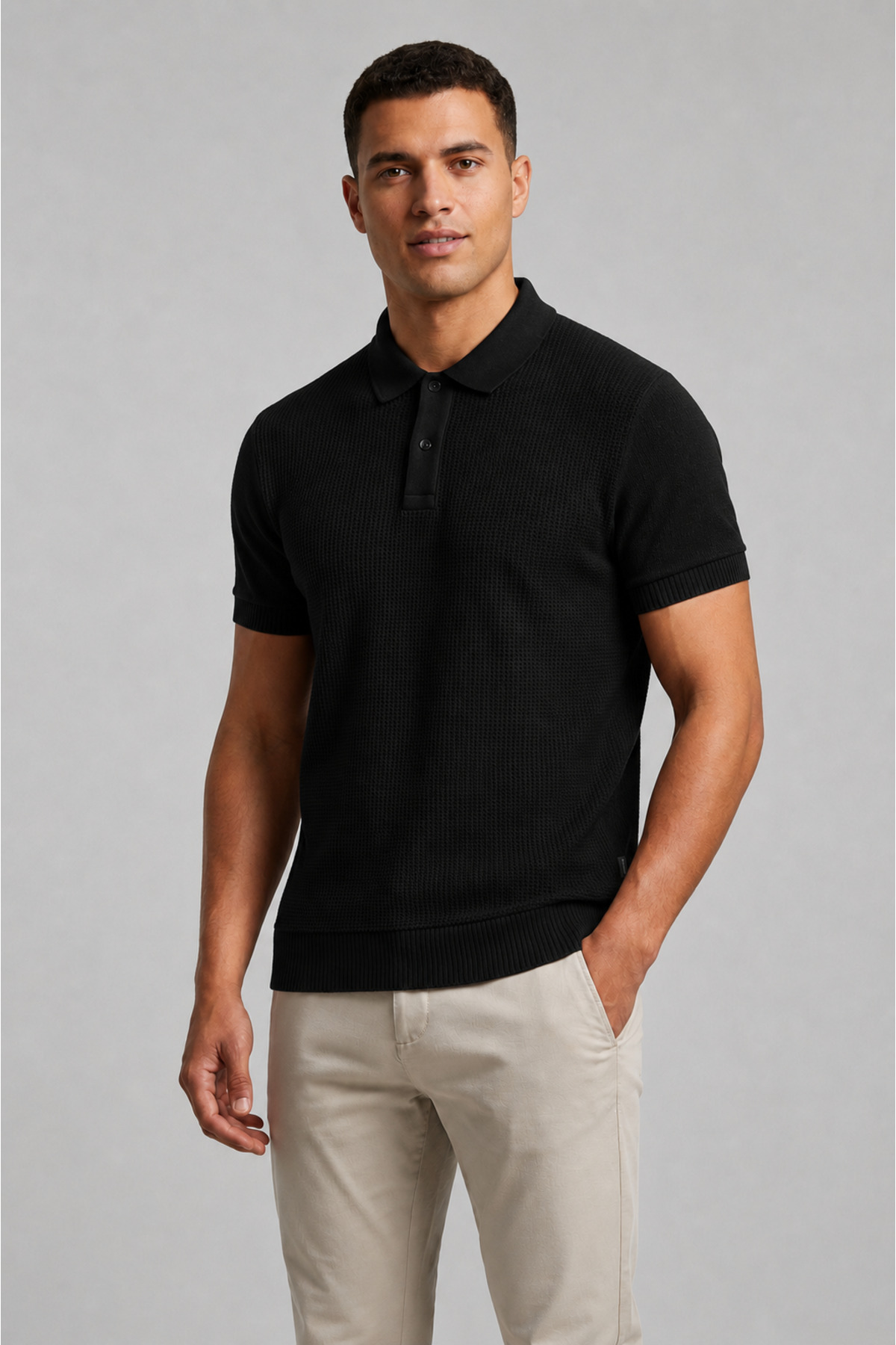 MODASPARK Black Men's Polo Collar Buttoned Short Sleeve T-Shirt