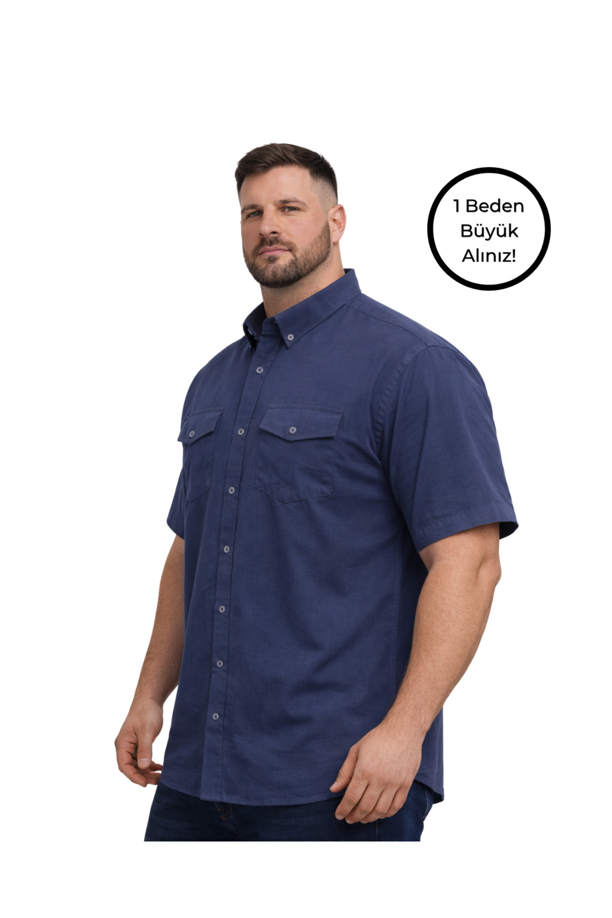 BattalModa Erkek Büyük Beden Lacivert Çift Cepli Kısa Kollu Gömlek 3XL-4XL-5XL-6XL-7XL-8XL görsel 2
