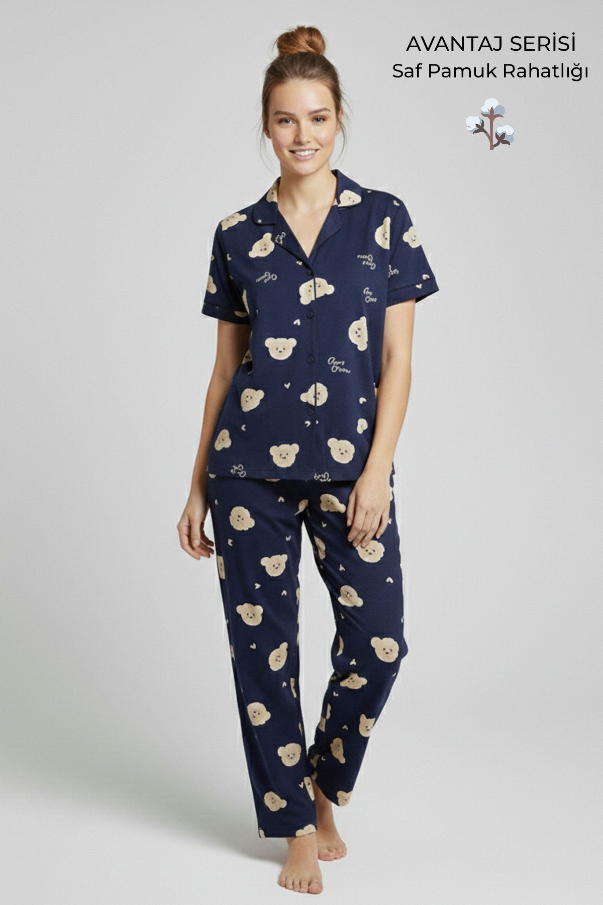 Cotton Short Sleeve Shirt Pants Pajamas Set Navy