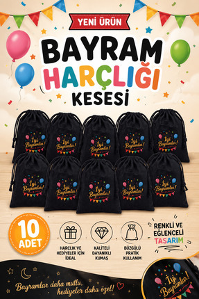 bagg 10'lu Siyah Bayram Harçlığı Kesesi - İyi Bayramlar Baskılı Büzgülü Hediy...