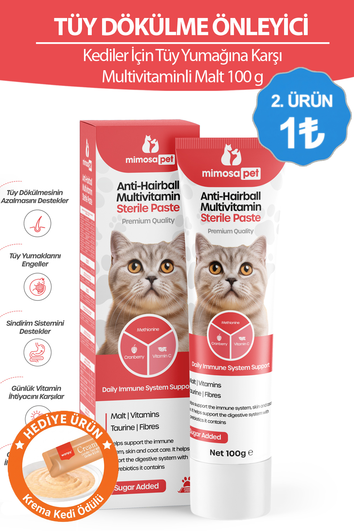 Mimosa Pet Tüy Dökülme Engelleyici, Tüy Yumağı Ve Kusma Önleyici Multivitamin Kedi Malt Macun 100 gr - Fiyatı, Yorumları