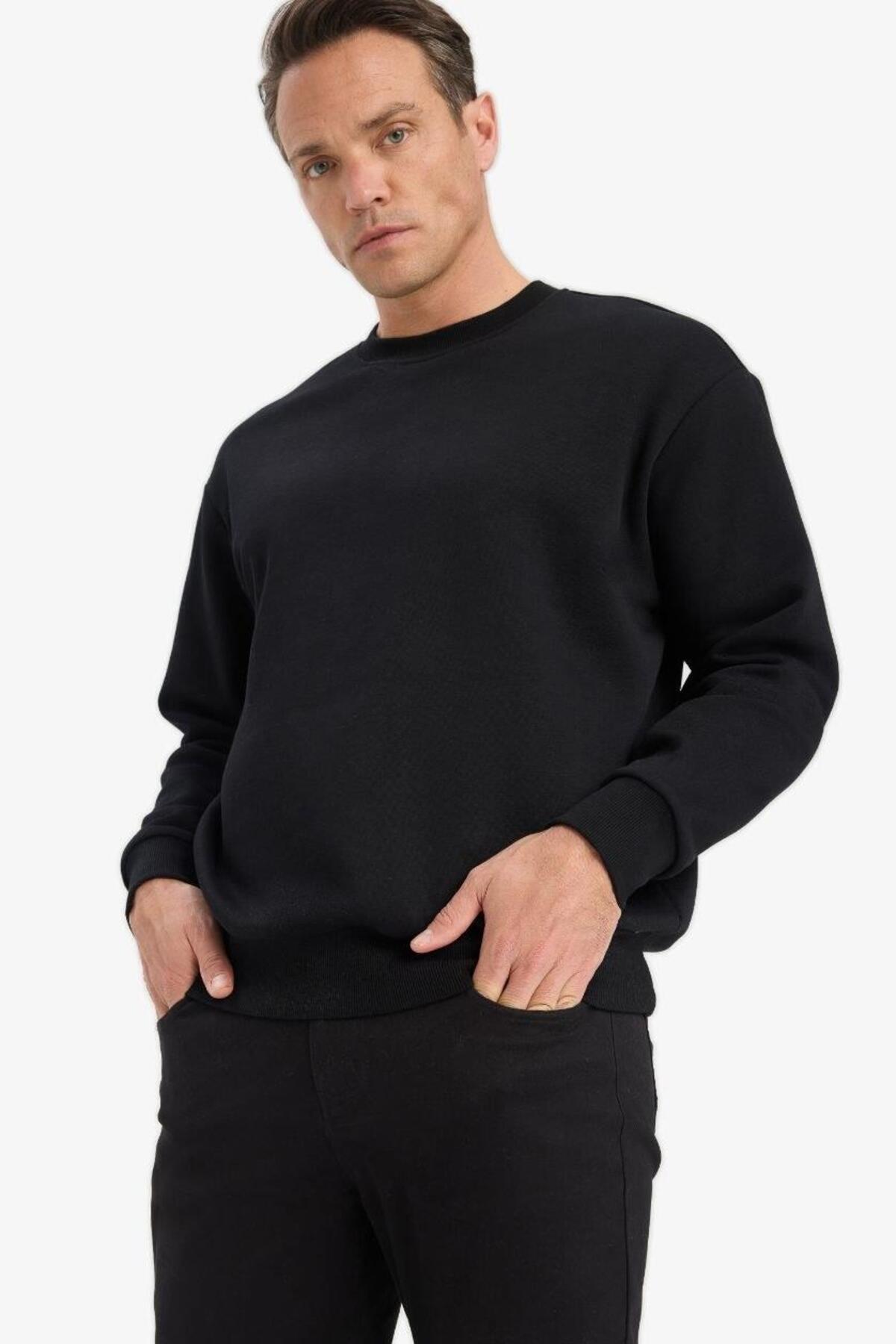 DeFacto Relax Fit Bisiklet Yaka Kalın İçi Yumuşak Tüylü Basic Düz Sweatshirt T5139AZ22AU görsel 5