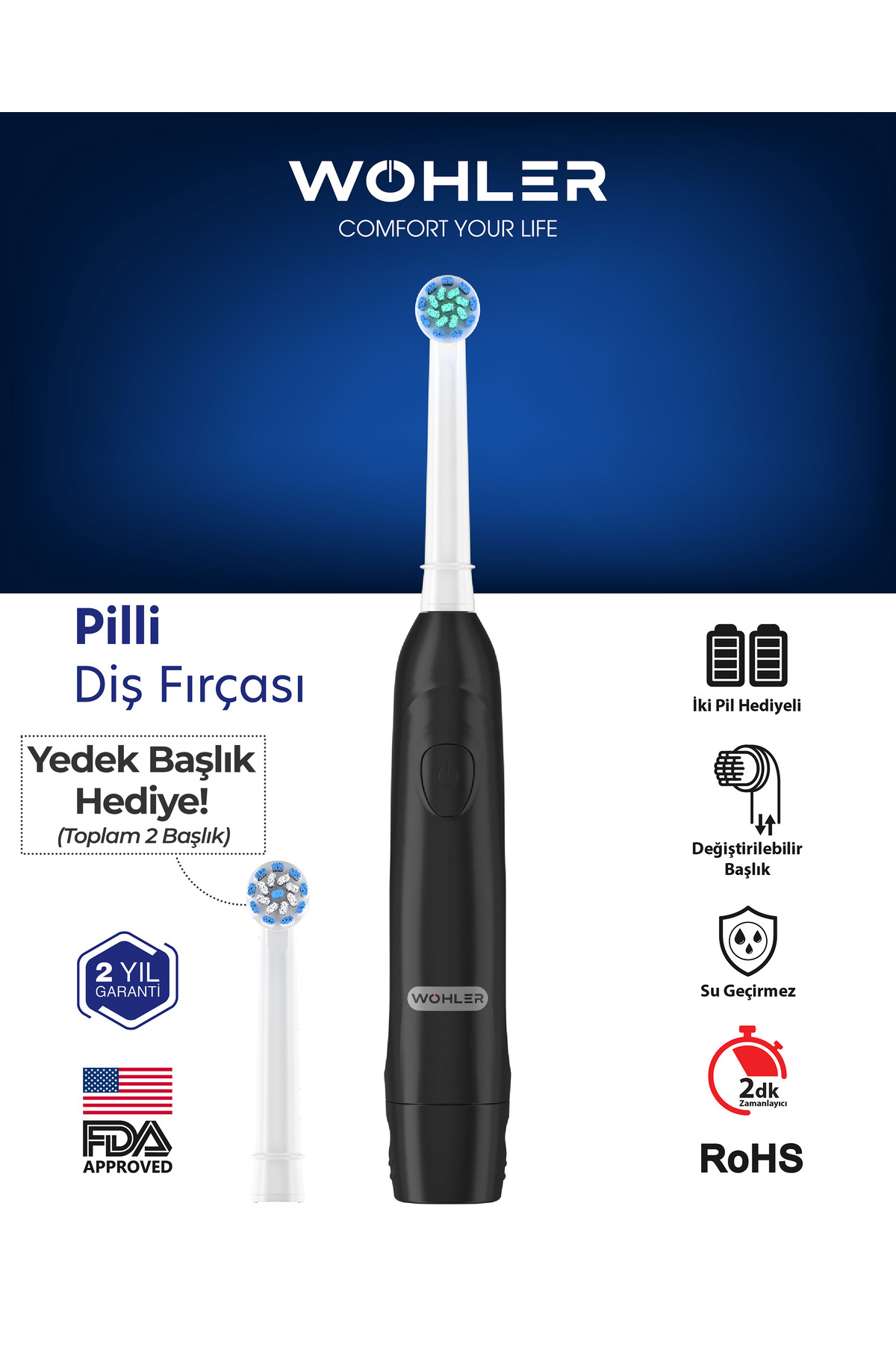 Wohler Değiştirilebilir Başlıklı Pilli Diş Fırçası - FDA Onaylı - Yedek Başlık Hediyeli - Fiyatı, Yorumları