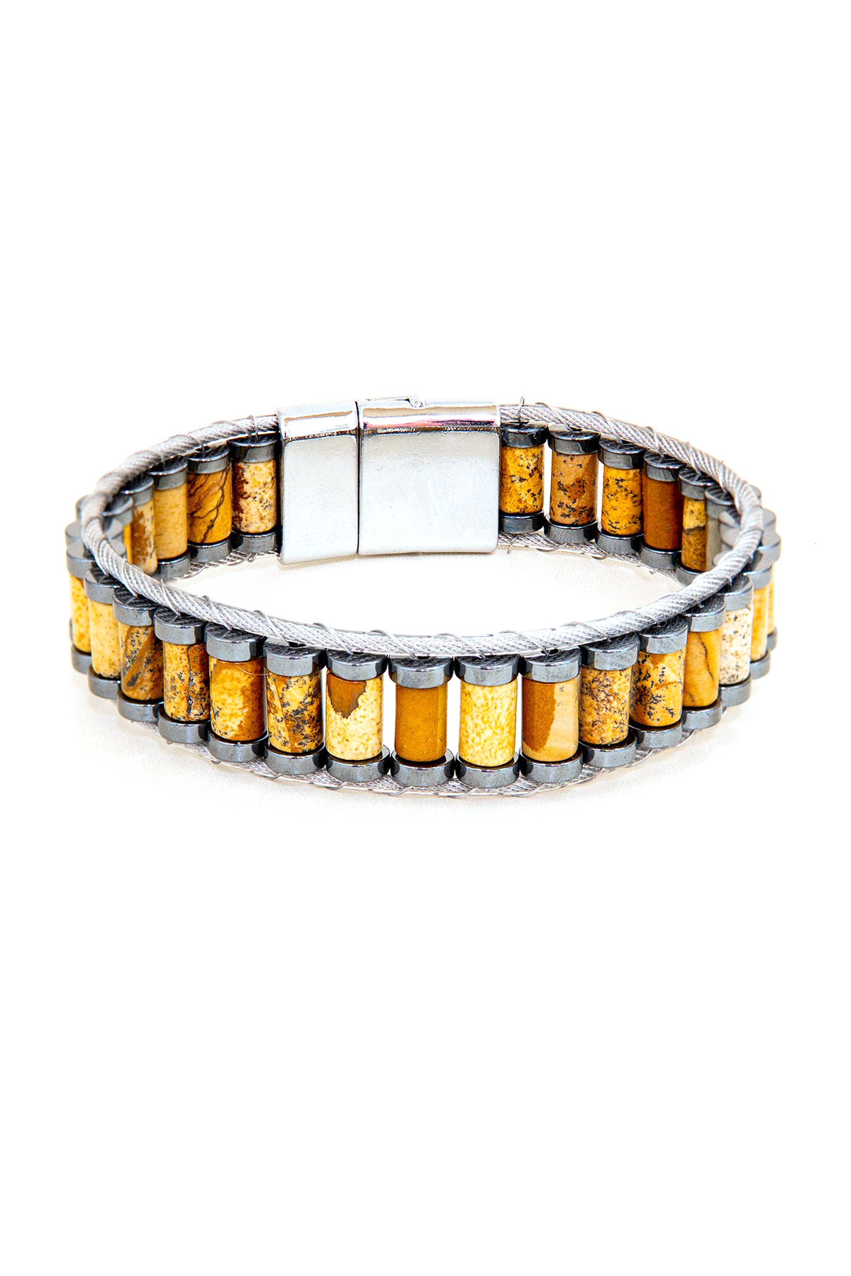 Handmade Original Natural Stone Steel Men's Bracelet - Coffee Jasper Special Design Gift for Man (21.5 cm)