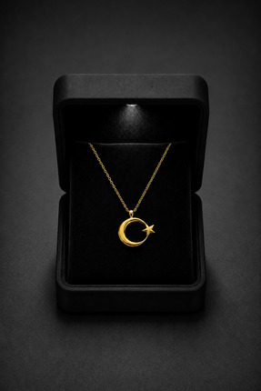 ÇEKİRDEK JEWELRY Işıklı Hediye Kutulu 925 Ayar Gümüş Ay Yıldız Kolye – Gold K...