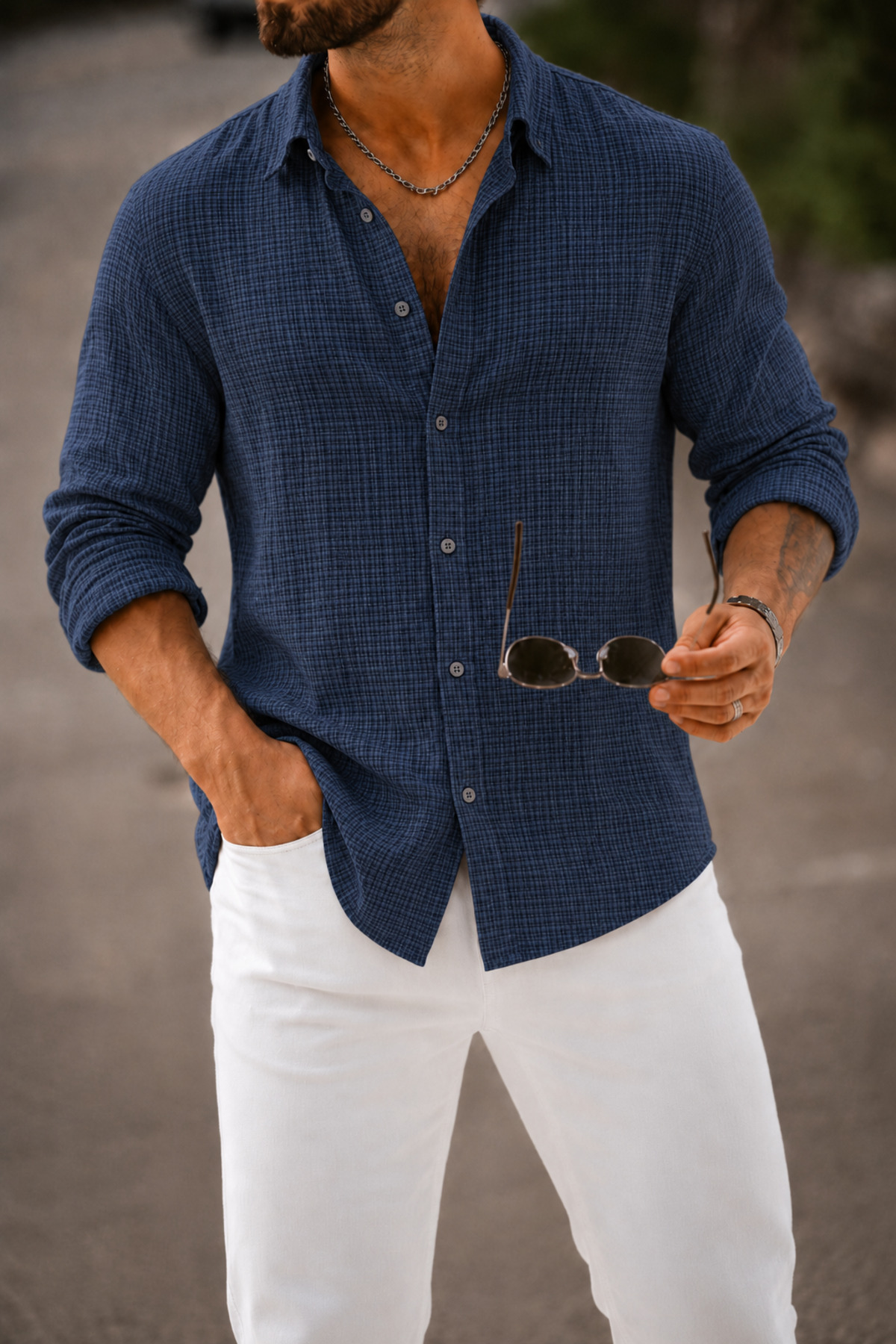 Delpino Long Sleeve Summer Paris Fabric Regular Plaid Pattern Men's Shirt