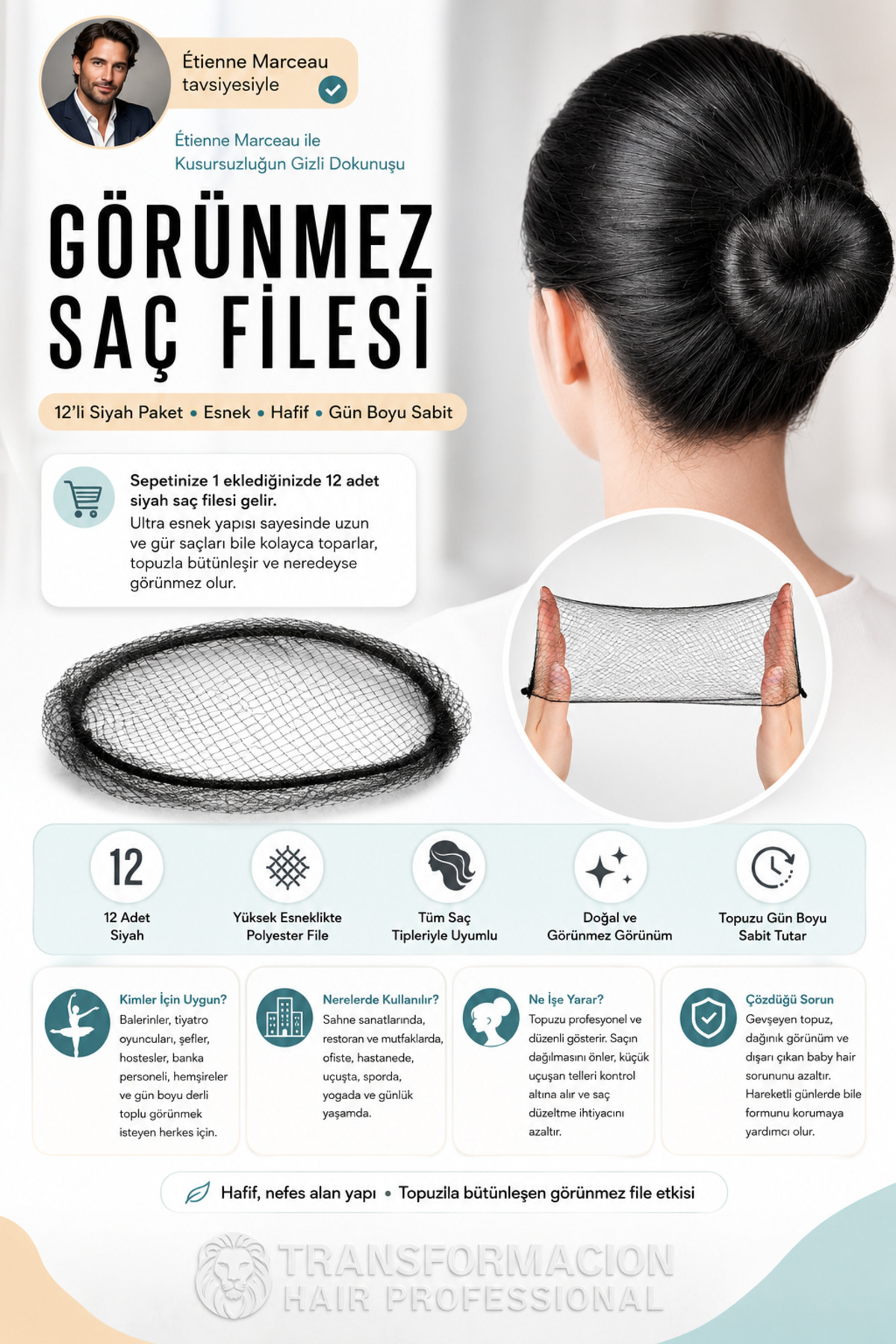 Transformacion Saç Topuz Filesi Topuz Sabitleyici File Eastik Topuz Ağı Hostes Saç Filesi Siyah 12'li 720098 görsel 6
