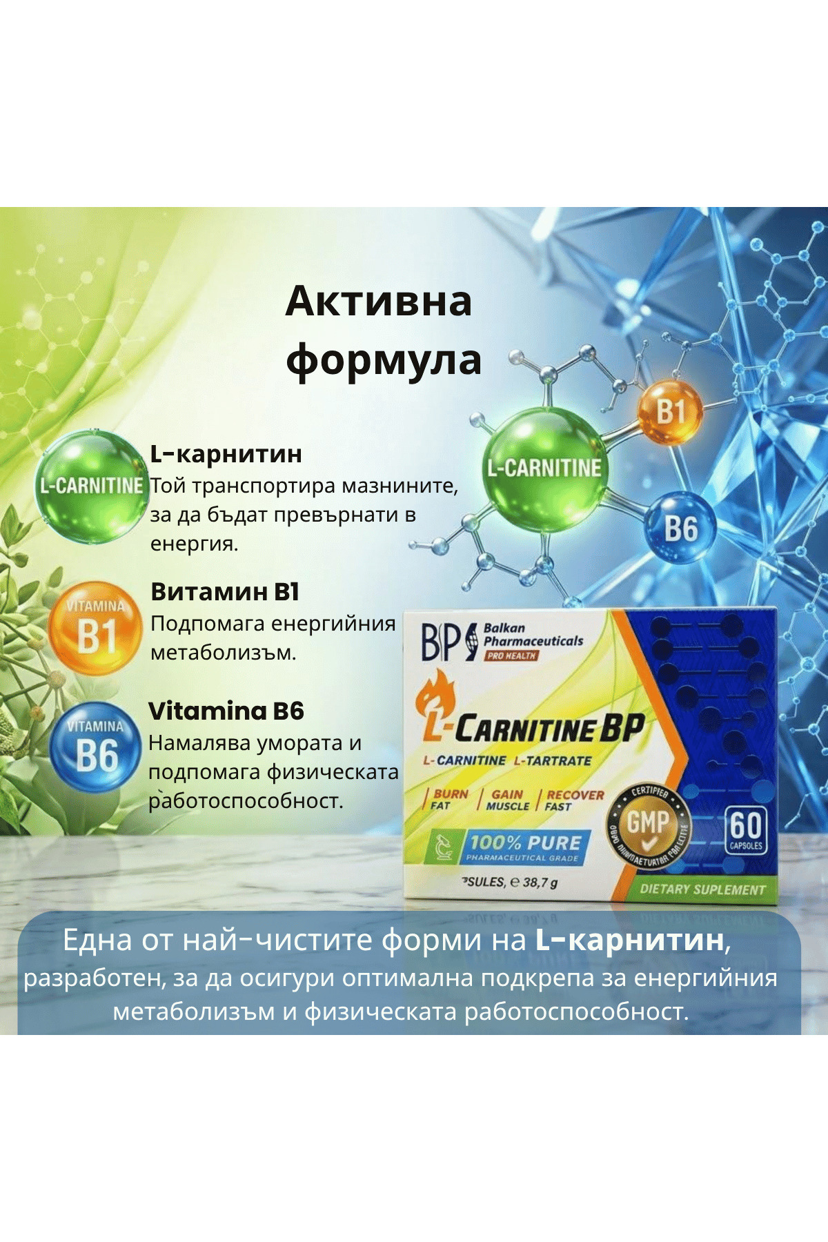 Balkan Pharmaceuticals Food supplement L-Carnitine BP, 60 capsules, L- Carnitine + L-Tartrate, Vitamins B1, B6, 38.7 g