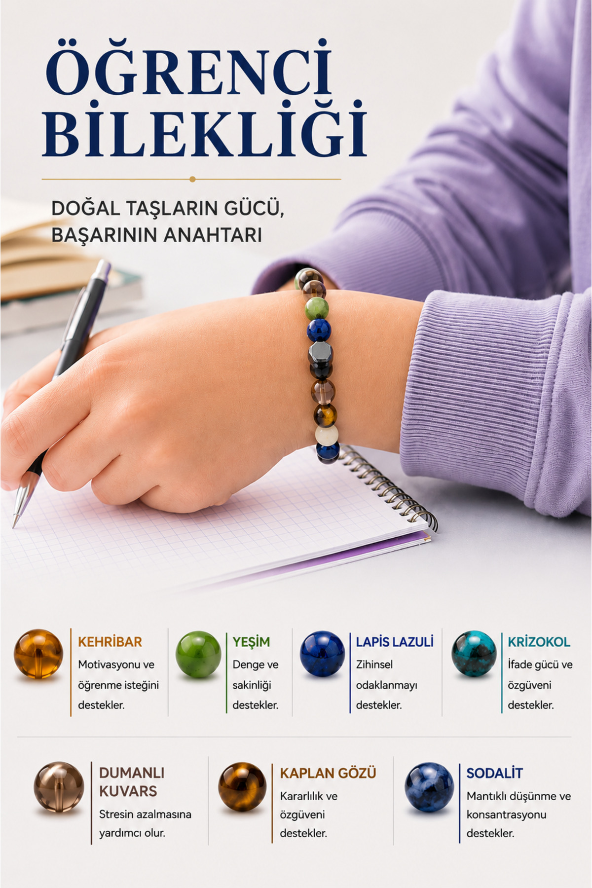 OSMANLI DOĞAL TAŞ Orijinal & Sertifikalı Öğrenci Bilekliği - Hafıza Konsantrasyon Nazar Başarı Doğal Taş Bileklik 8 mm