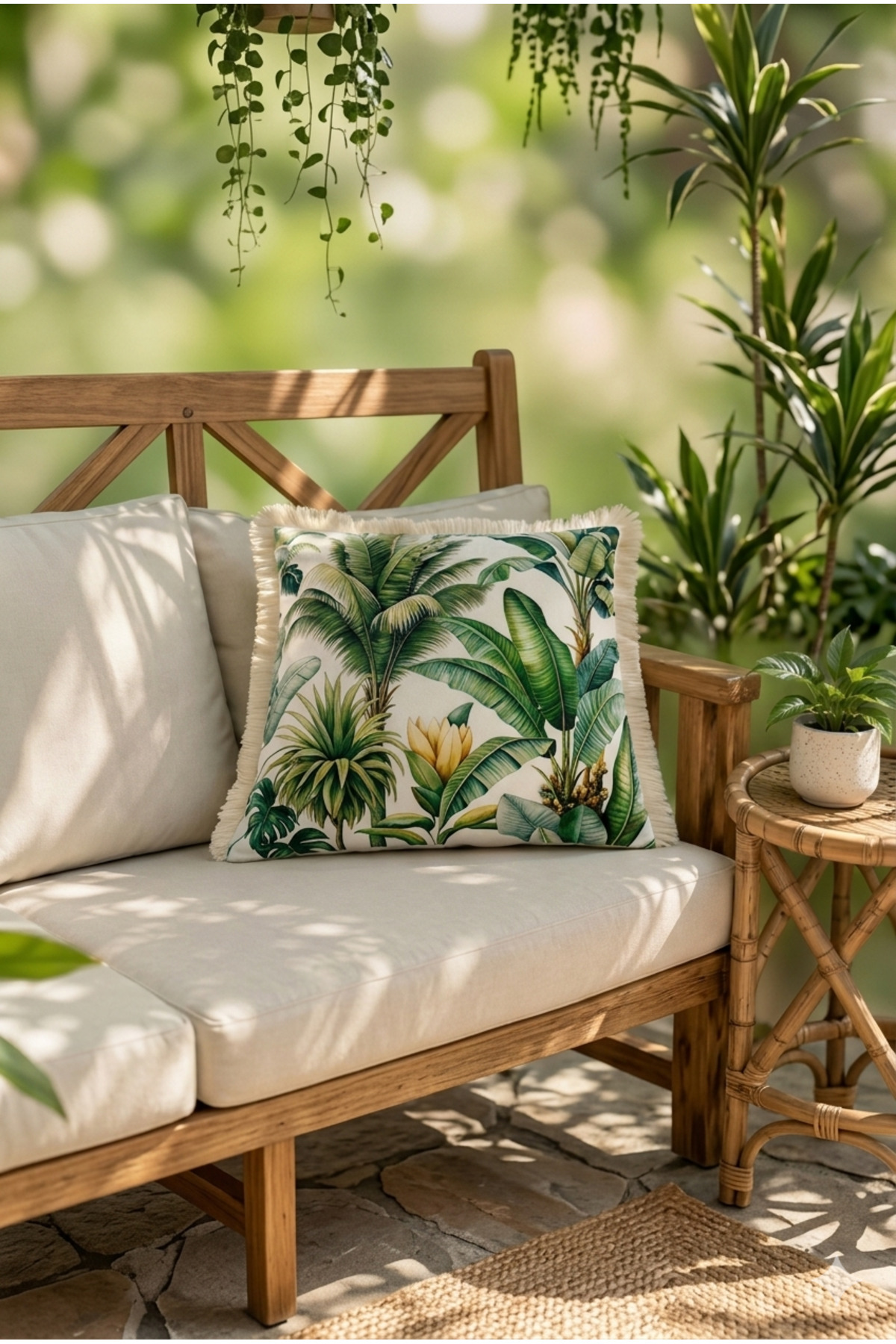 SAVANNAH Jungle Plant Pattern Fringed Decorative Throw Pillow Case 45x45 – Cream Green Digital Printing