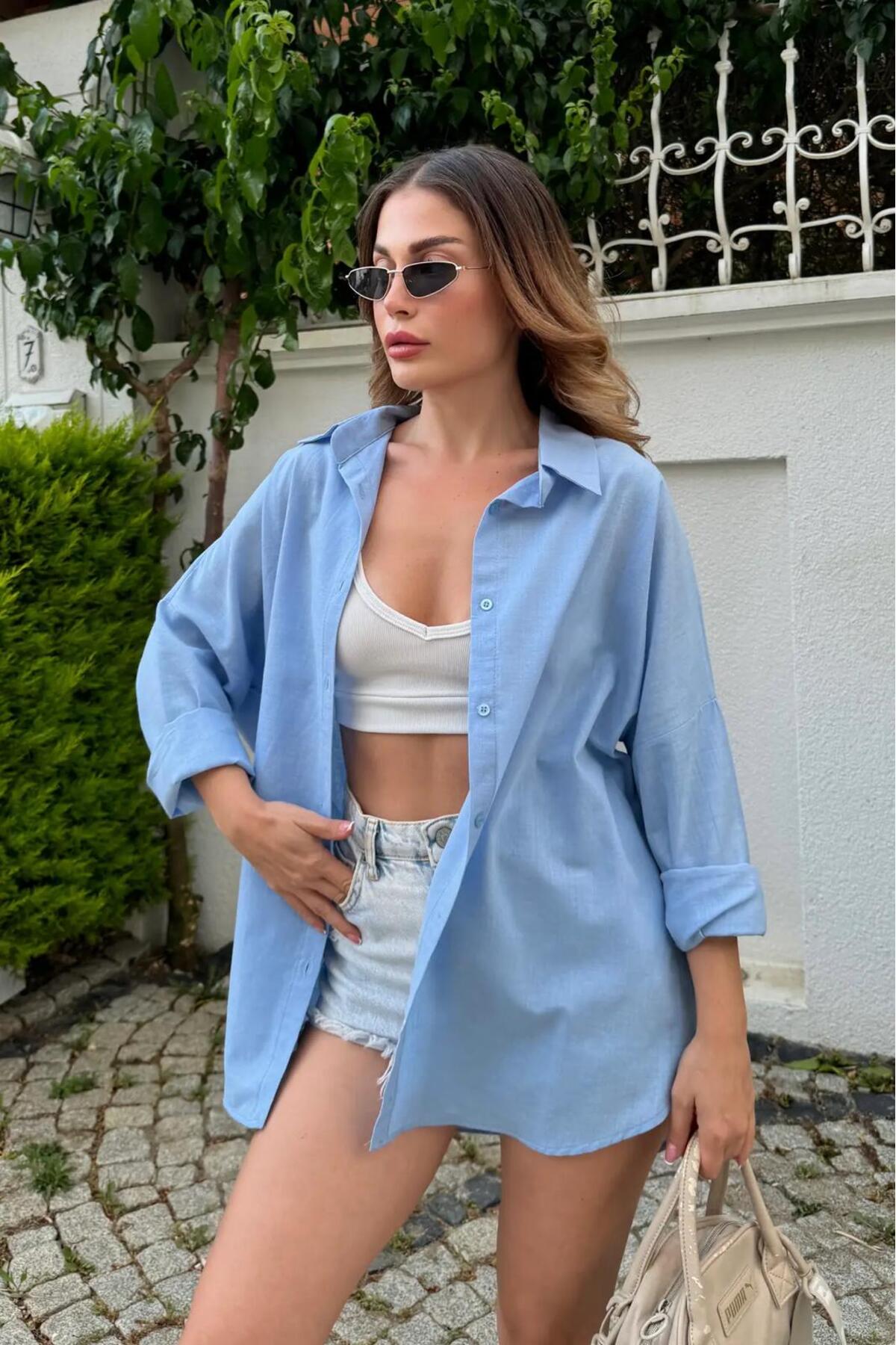 Rouge basıc Oversize Keten Dokulu %100 Pamuk Salaş Gömlek görsel 5