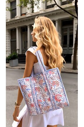 Strippe Floral Desenli Pamuklu Beyaz Kumaş Günlük Omuz Çantası - Tote Bag