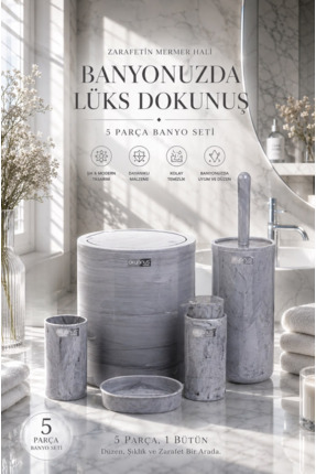 Okyanus Home Yuvarlak Mermer Desenli 5'li Banyo Seti