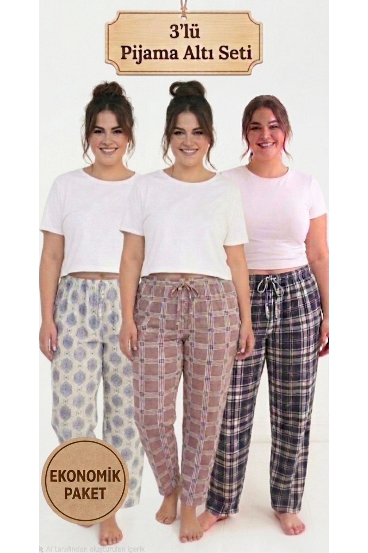 noend 3'lü Paket Büyük Beden Pamuklu Yazlık Nefes Alan Desenli Kadın Pijama Altı