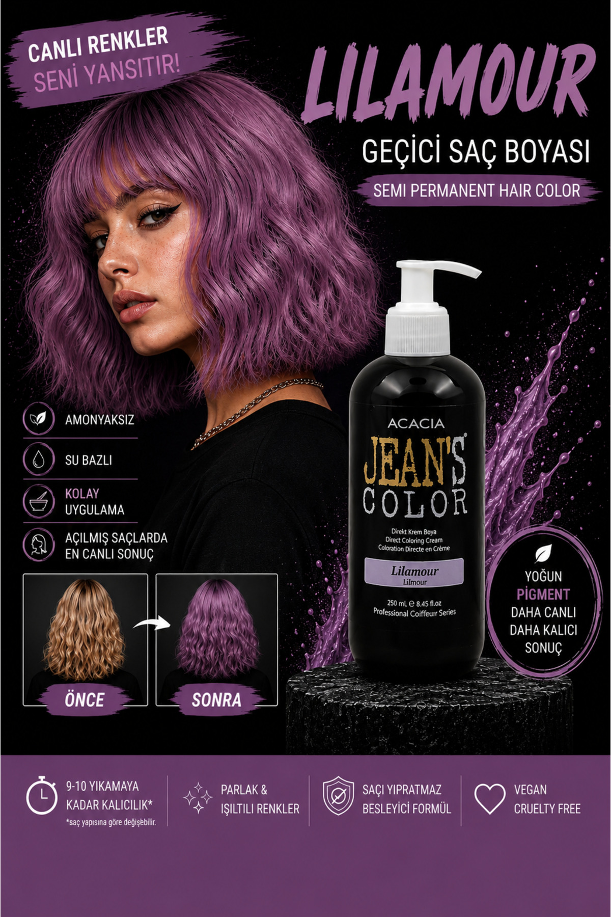 jeans color Amonyaksız Renkli Saç Boyası Lilamor 250ml. Kokusuz Su Bazlı Lilamour Hair Dye — بنفش 22222
