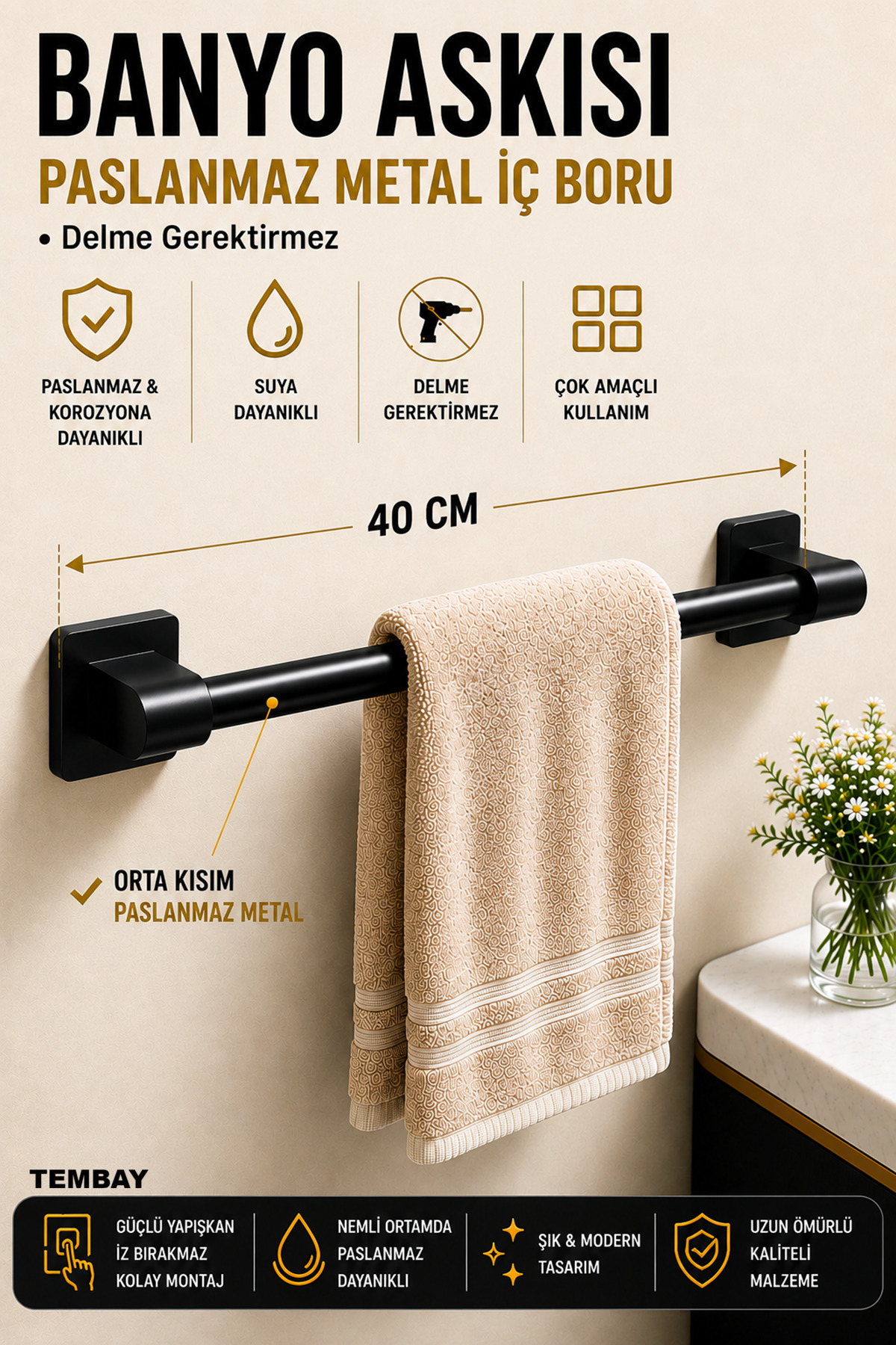 Black Color Stainless Adhesive Towel Rack, Towel Hanger ,Towel Holder ,Slipper Hanger