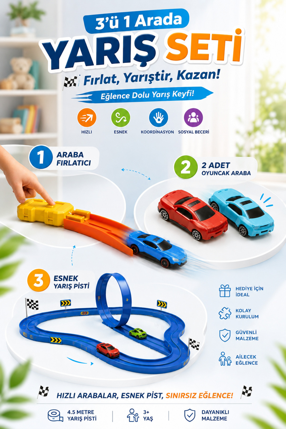 Joymag 4'lü Fırlatma Rampalı Arabalı Yarış Pisti Seti 4,5 mt Yarış Pisti Full Eğlence Seti