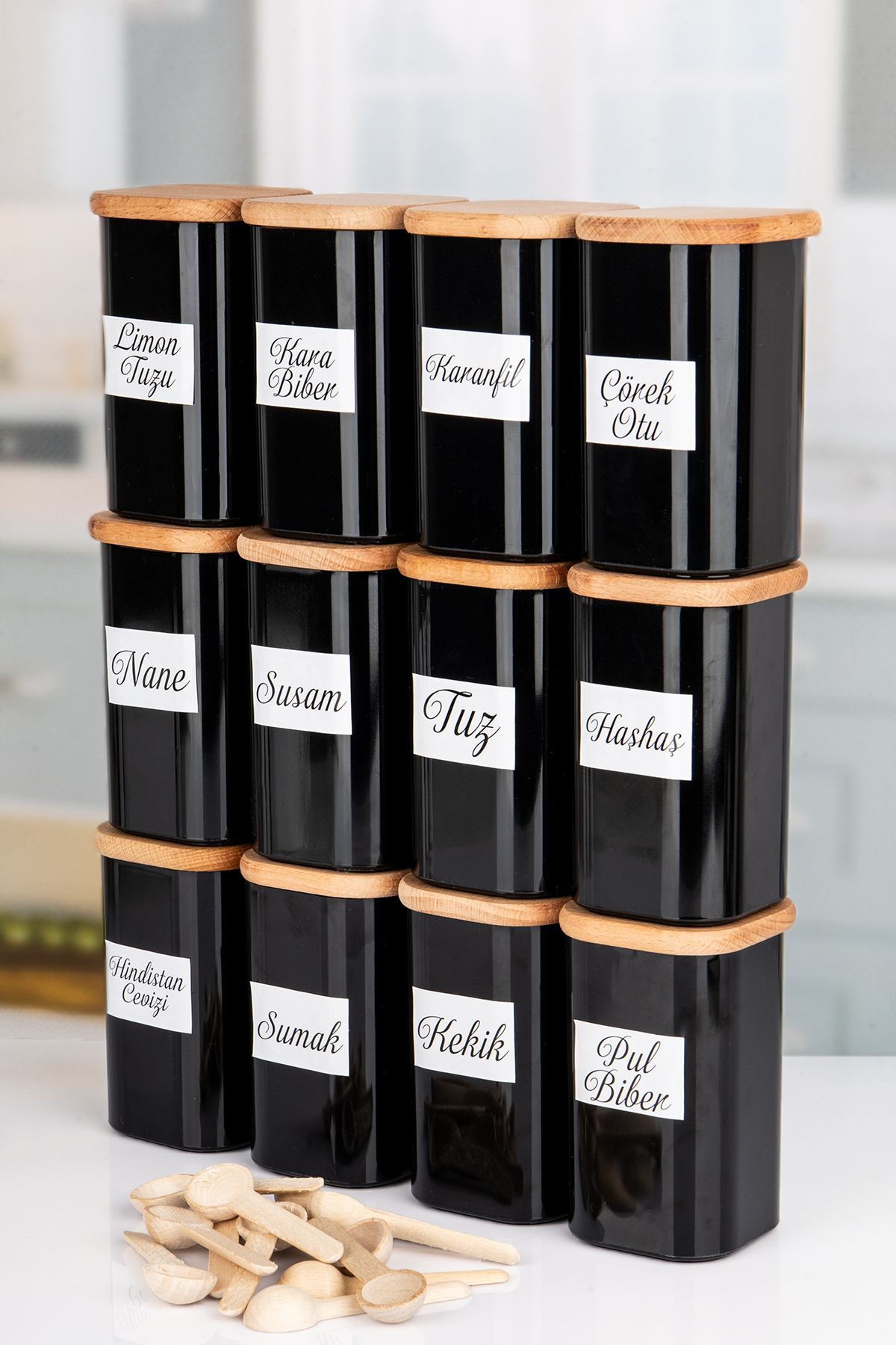 Lizzy 250 ml Vacuumed Bamboo - 12-Piece Black Acrylic Set with Wooden Lid and Spoon with Label Gift