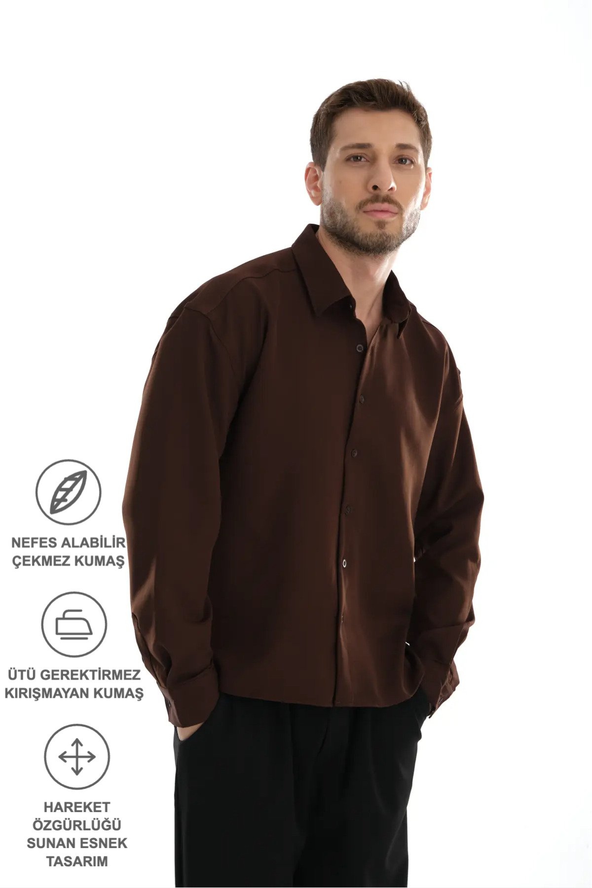 Redline Base Oversize Yumuşak Teri Emen Kolay Ütü Nefes Alan Erkek Gömlek — قهوه‌ای 2662