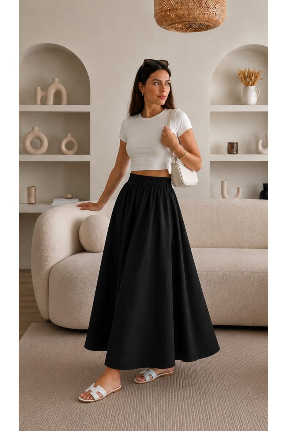 Gülmude  Çift Cepli Poplin Kumaş Beli Lastikli İç Göstermez Maxi Etek (90 CM) - Görsel 3