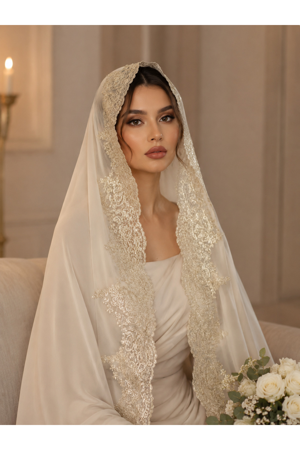 Paciqa Fransız Dantelli Şifon Gelin Şalı Nikah Düğün Mevlüt ve Lohusa İçin Özel Tasarım Beyaz Şal görsel 2