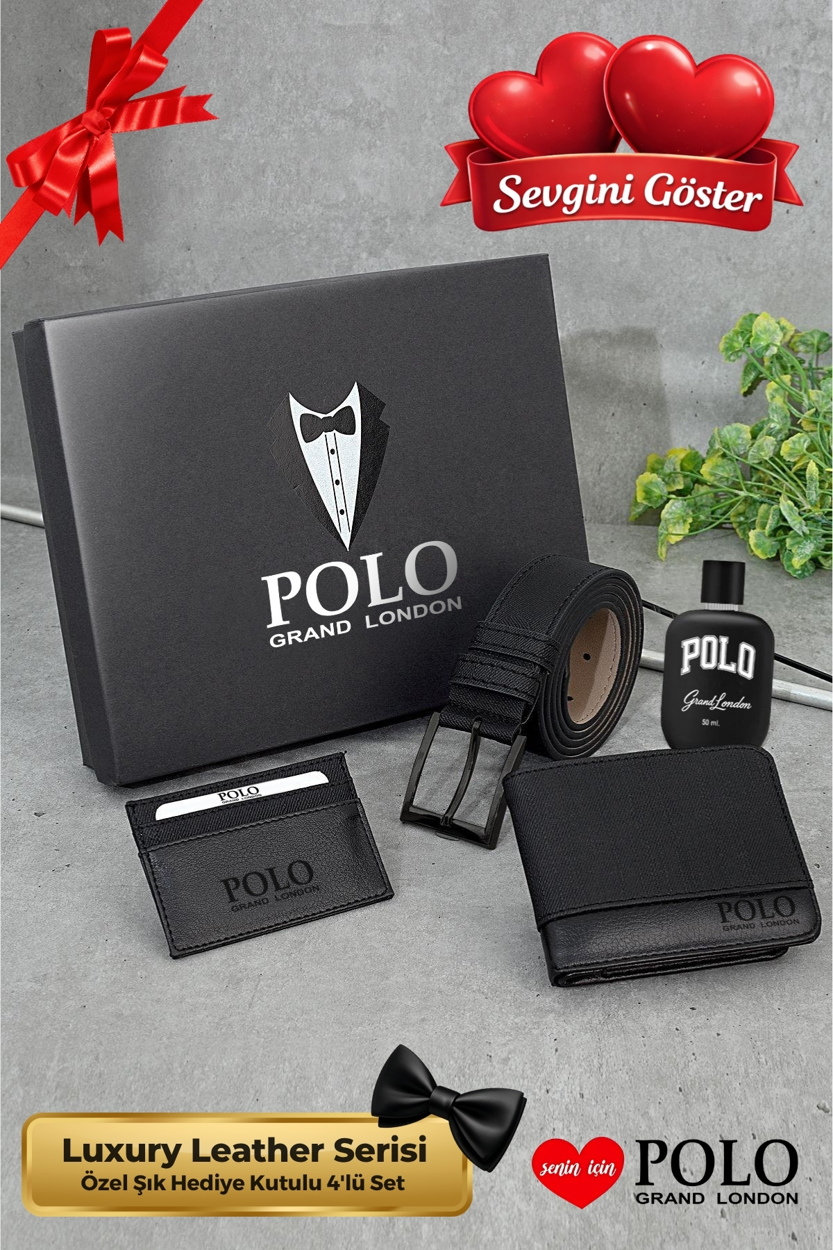 Original Men's 4-Piece Luxury Series Groom Gift Leather Belt Wallet Card Holder Perfume Set with Gift Box
