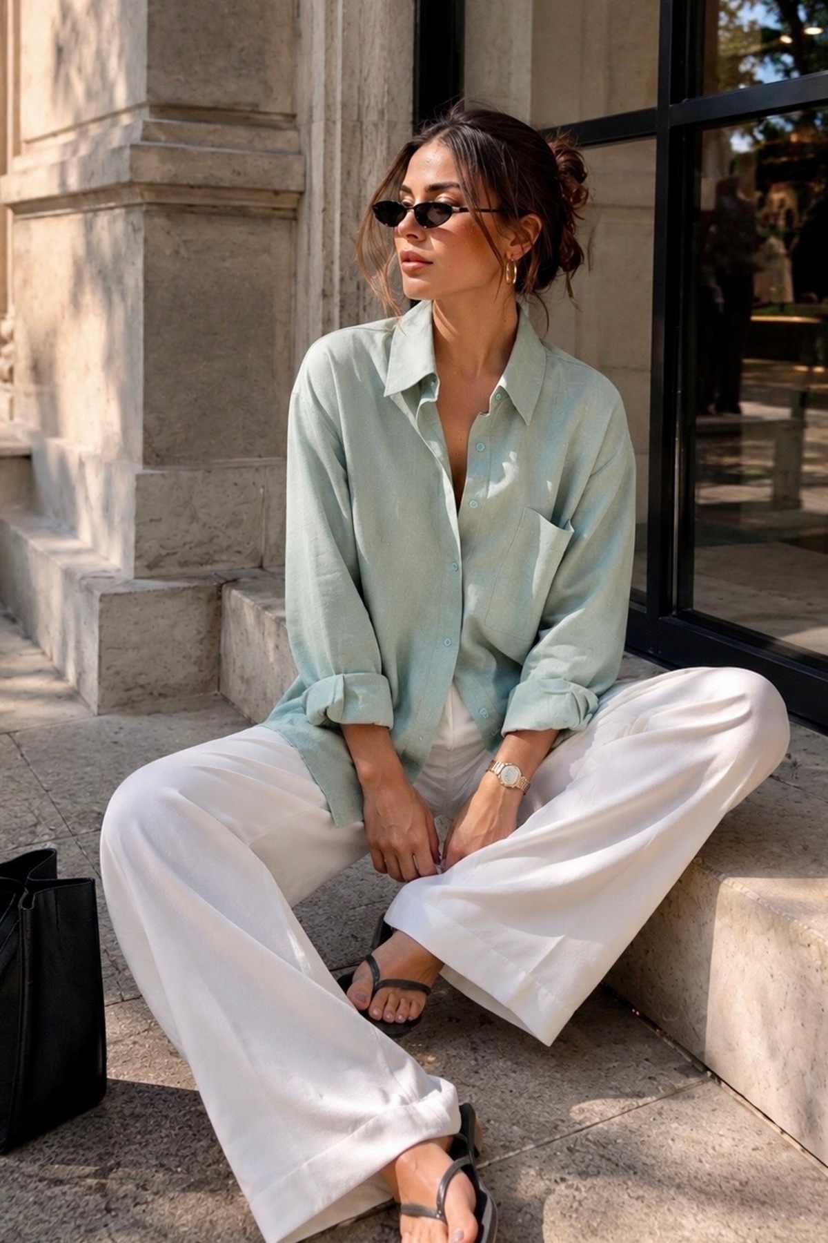 bb butik basic Oversize Keten Dokulu %100 Pamuk Tek Cepli Salaş Gömlek BB-KU3435 görsel 4