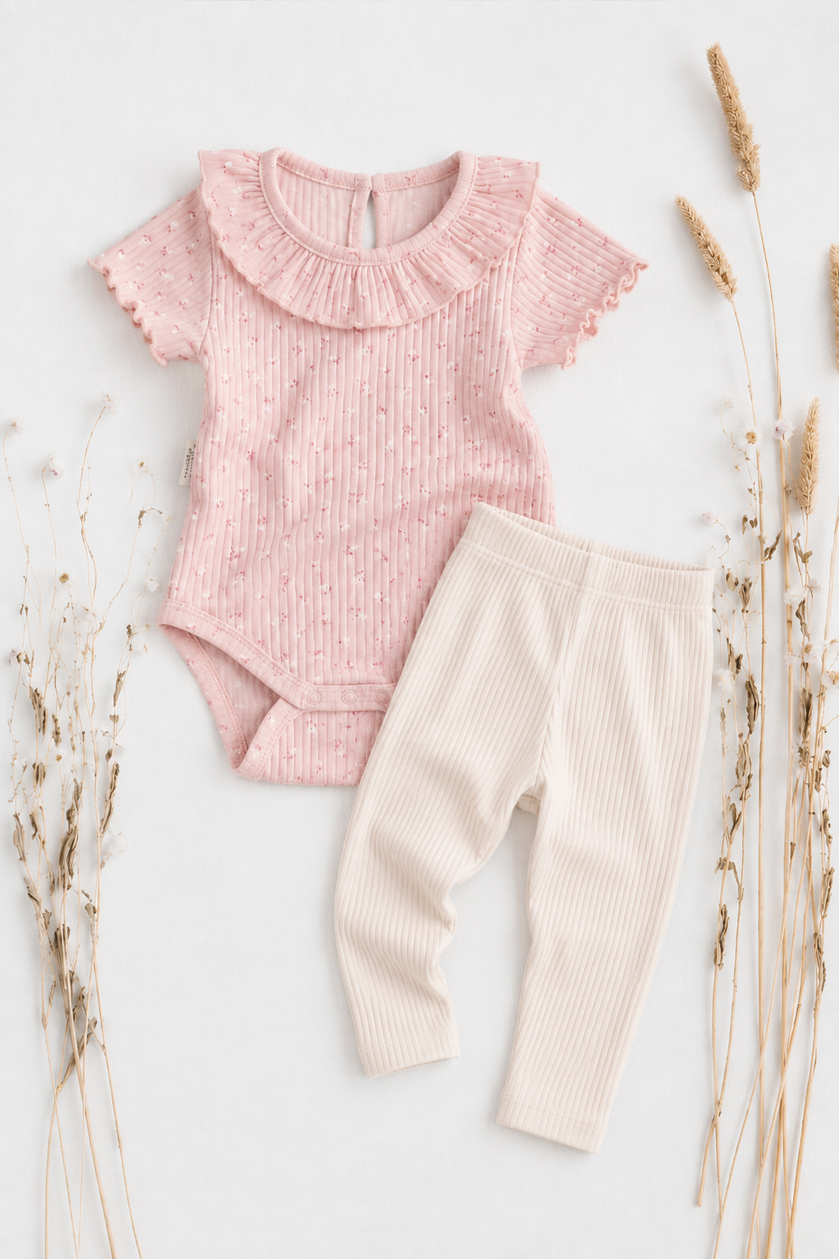 Cigit Baby Collared Ribbed Bodysuit Set 0-3 Years Old Crisp Floral Pattern