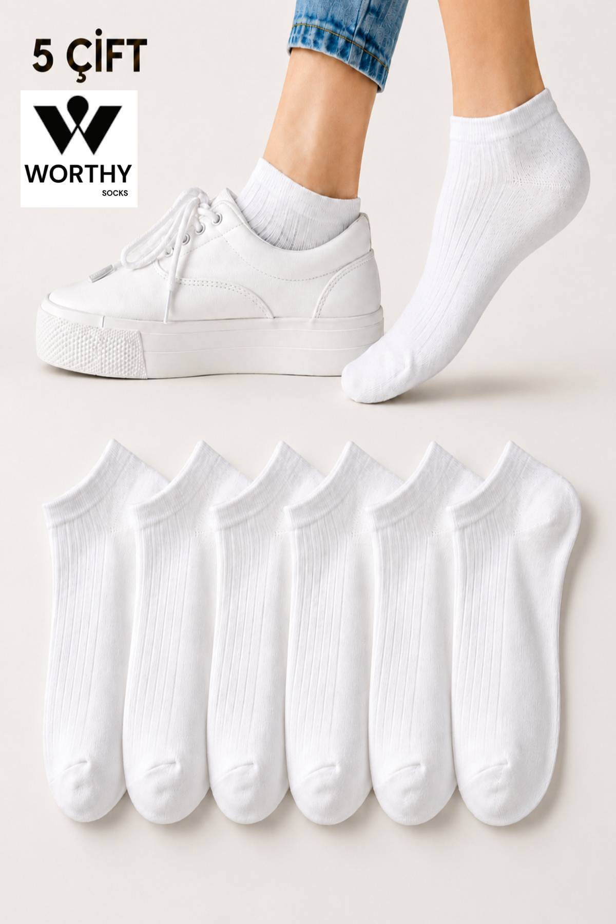 WORTHY SOCKS 5-Pack Women's Ribbed Short White Patik Socks