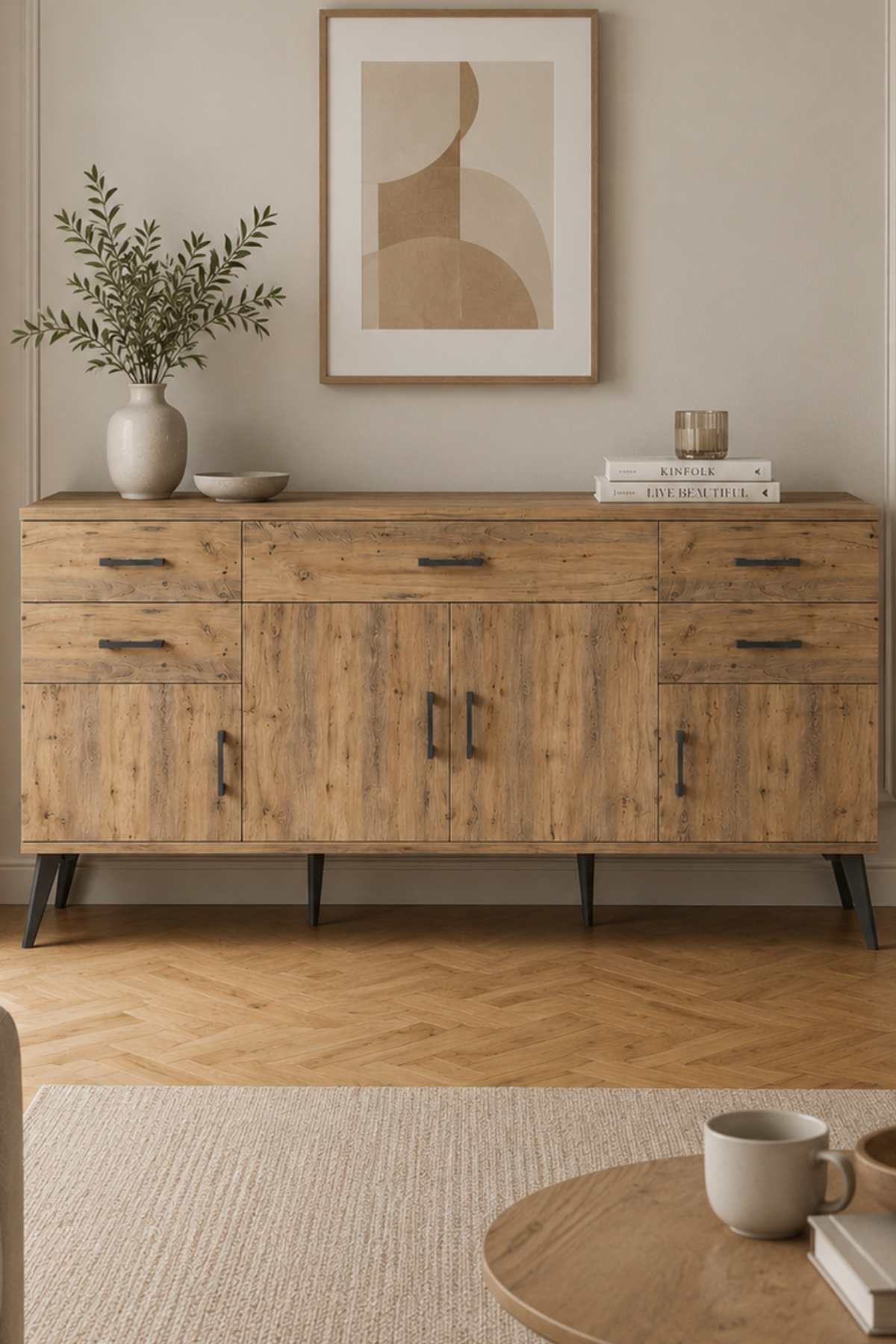 Hyperion Living Room Console 5 Drawers with Shelf 4 Doors Office Kitchen Cabinet 176x44x83 Pine-Pine