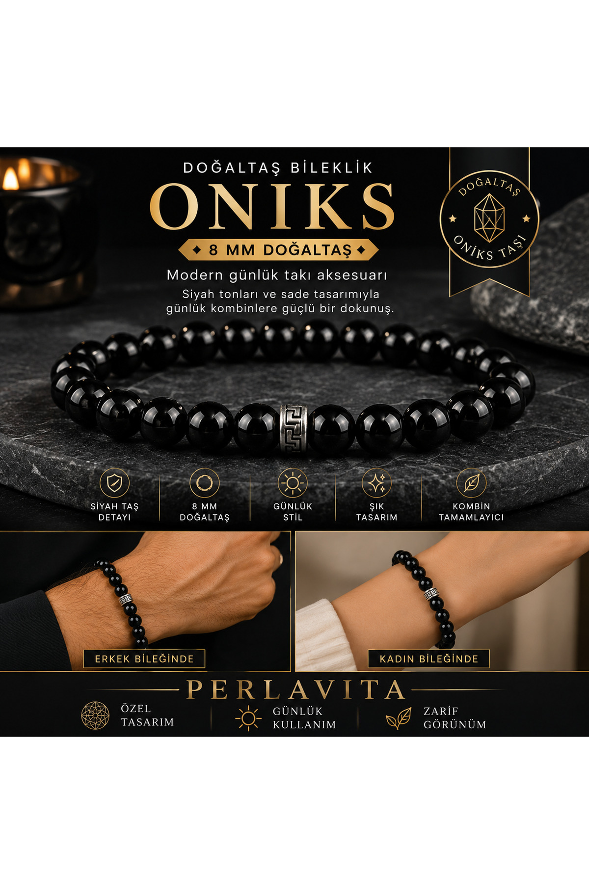 Perlavita Gerçek Oniks Taşı Güç Ve Topraklama Bilekliği | Negatif Enerji Kalkanı