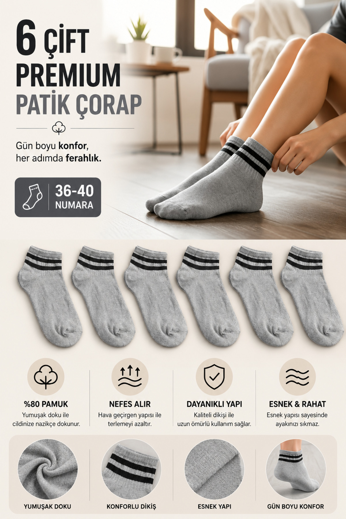 Socks Stores 6 pari ženskih sivih prugastih pamučnih čarapa