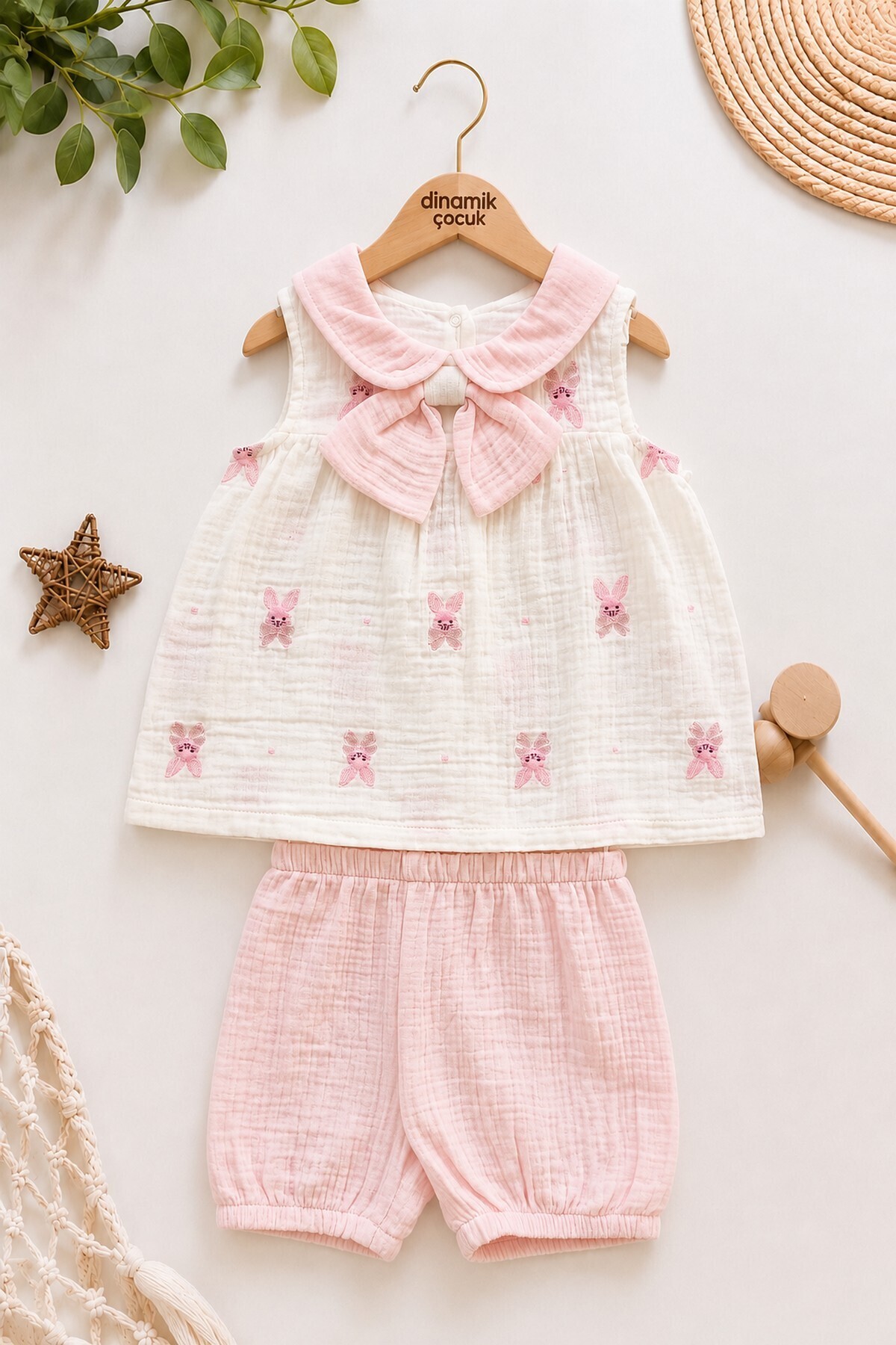 Baby Girl Summer Muslin Set Bowknot Rabbit Patterned Baby Collar Sleeveless 2pcs Tops 3-6-9-12-18-24months