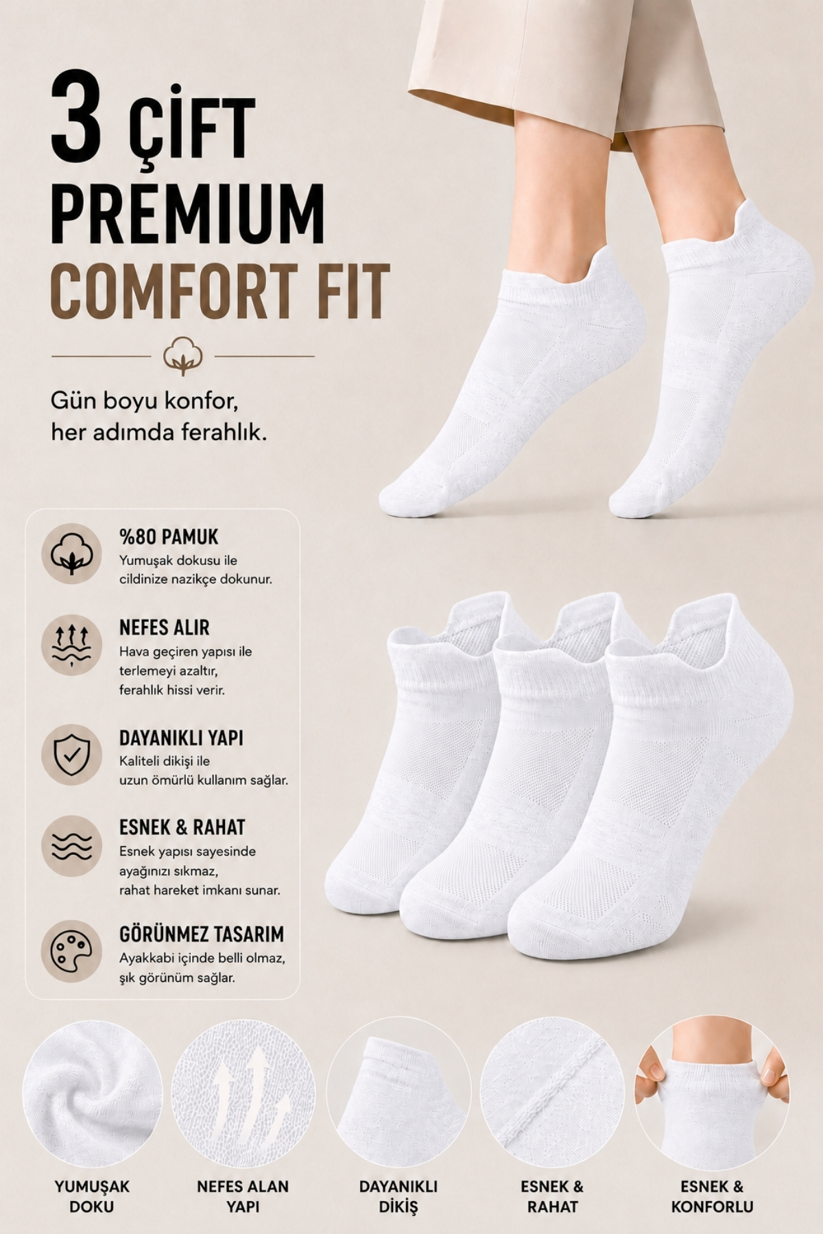 Dore Orijinal 3 Çift Unisex Kulaklı Ayakkabı Arkasını Vurmayan Konfor Modeli Ter Emici Nefes Alan 4 Mevsim Kullanım Özel Tasarım Bilek Boy Premium Pamuklu Günlük 3'lü Sneaker Spor Ayakkabı Çorabı