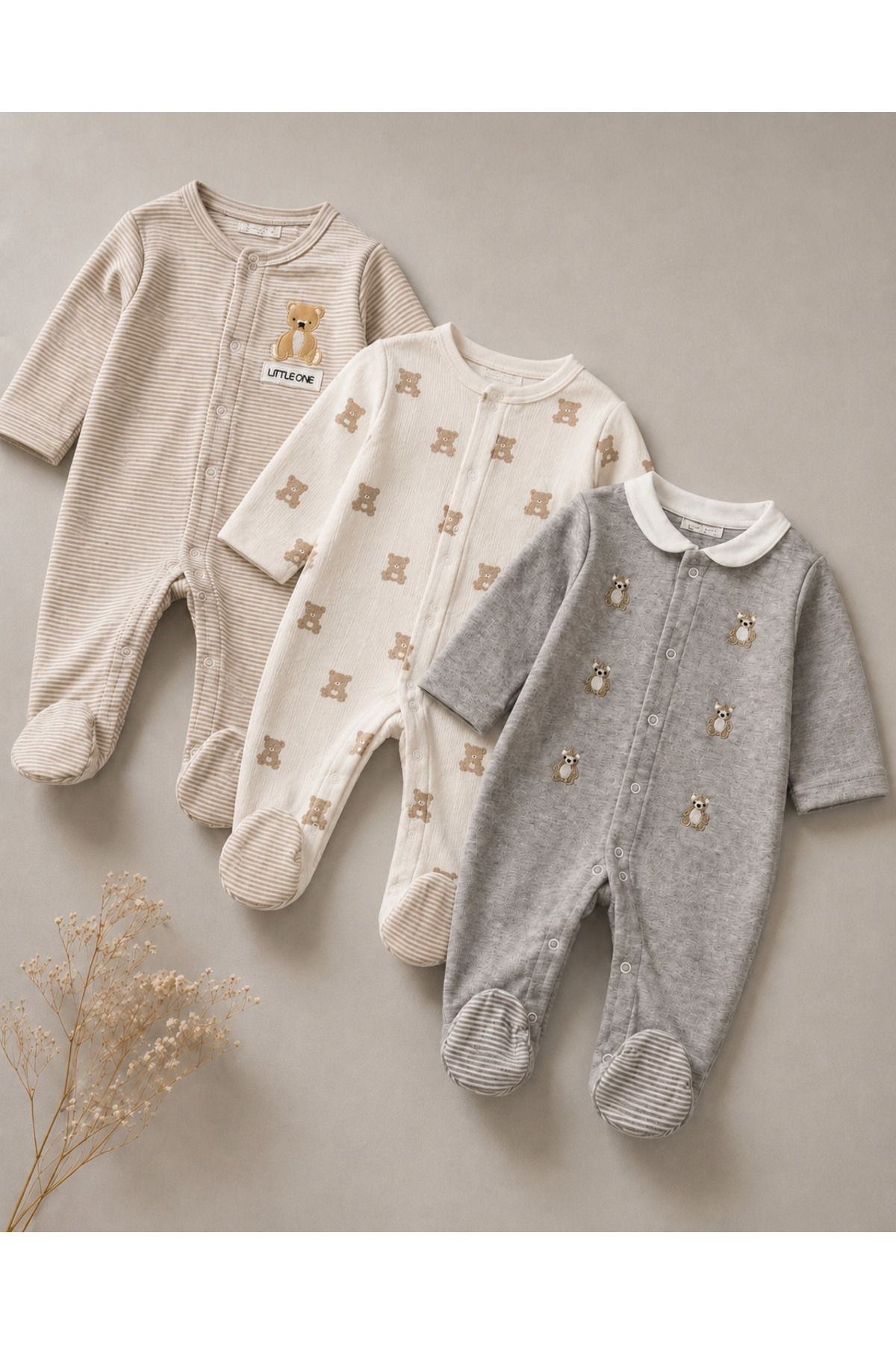 My Babies Label 3-Piece Teddy Bear & Striped Patterned Cotton Jumpsuit