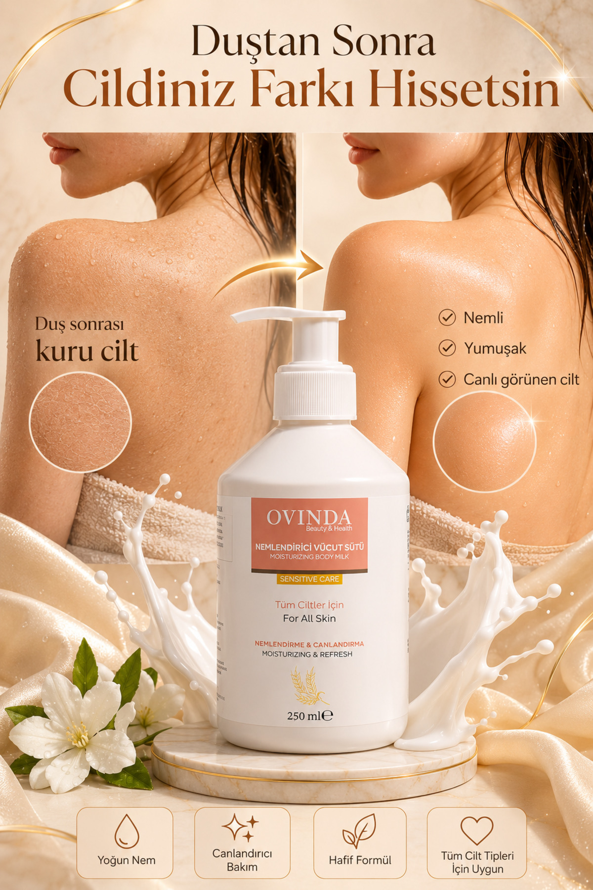 Nemlendirici Vücut Sütü Yoğun Nem Bakımı Badem Kuşburnu Buğday Yağı ve E Vitamini Tüm Ciltler 250 ml — OVD-01.03 — تصویر 5 از 6