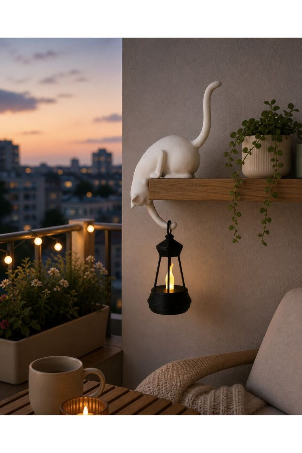 Askılı Kedi Raf Dekoru 24 CM – LED Fenerli Minimal Salon & Balkon Aksesuarı (PLASTİK) -TEALİGHT HEDİYELİ