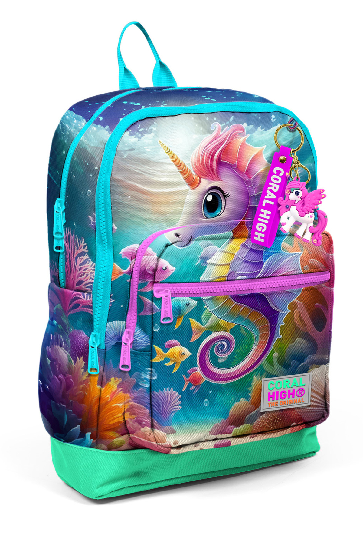 Blue Water Green Seahorse Pattern Four Compartment School Backpack 23772