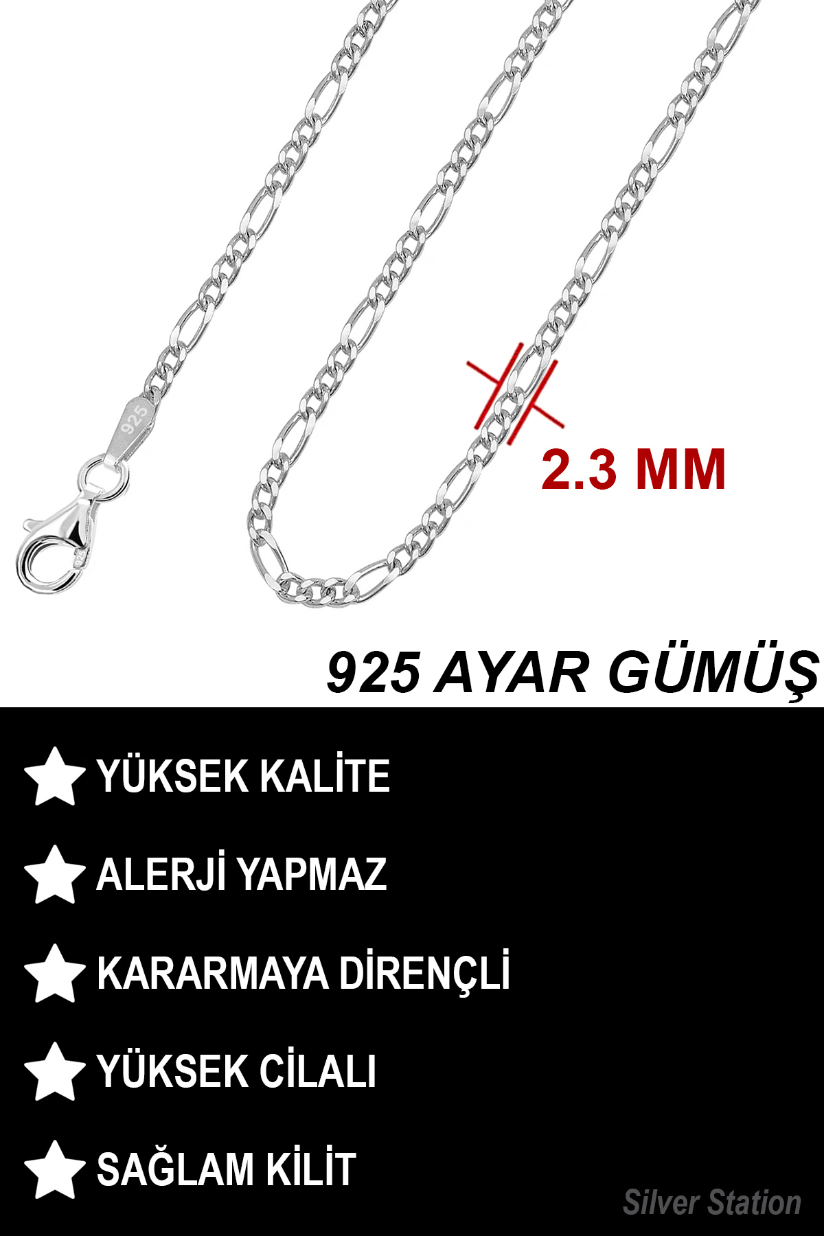 Silver Station 925 Ayar Gümüş Kolye - Figaro Gümüş Zincir Kolye - Kalın Gümüş Kolye görsel 4