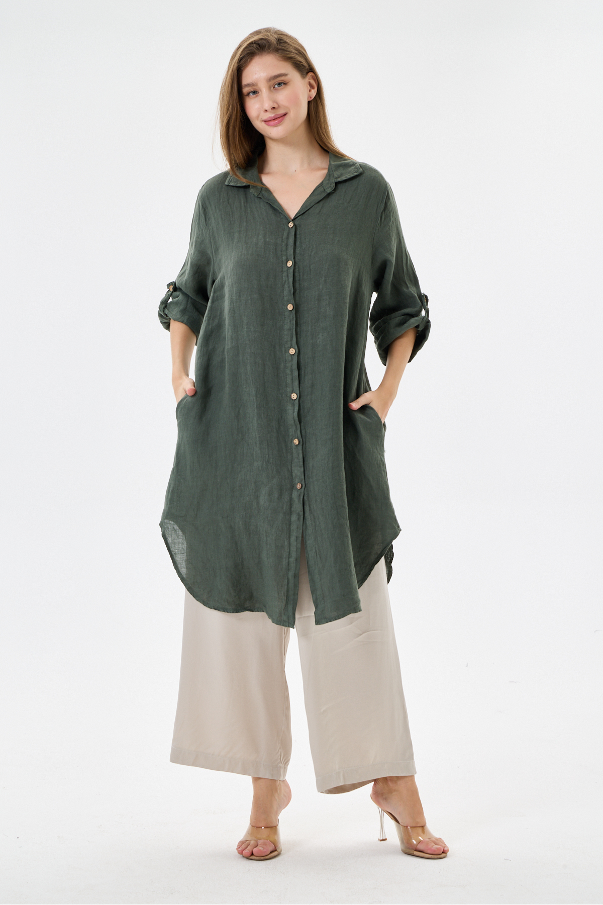 della moor Khaki Italian Folded Long Sleeve Linen Tunic Shirt Dress 38 - 42 Size