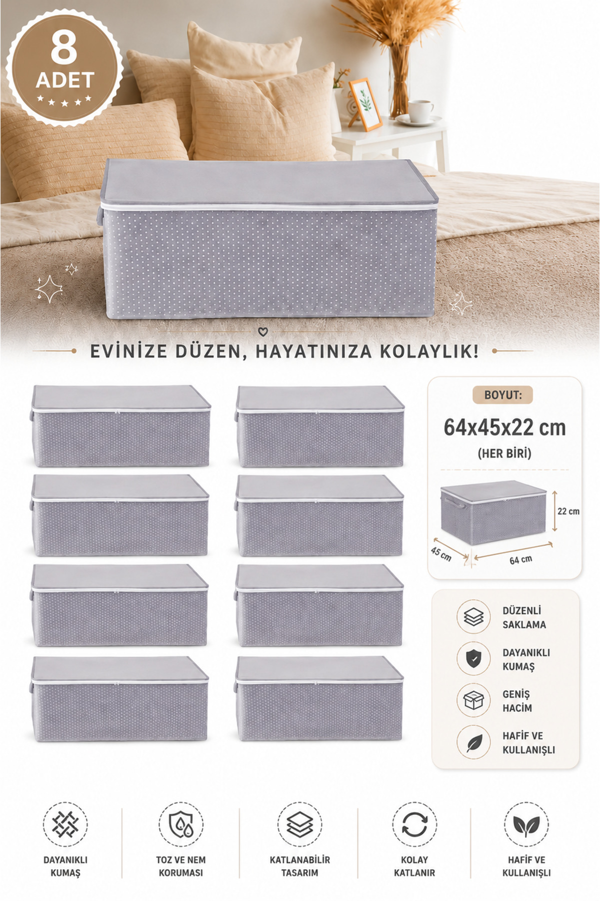 BEST CONCEPT 8 Adet - Gri Puantiyeli Baza Altı Yastık Yorgan Kazak