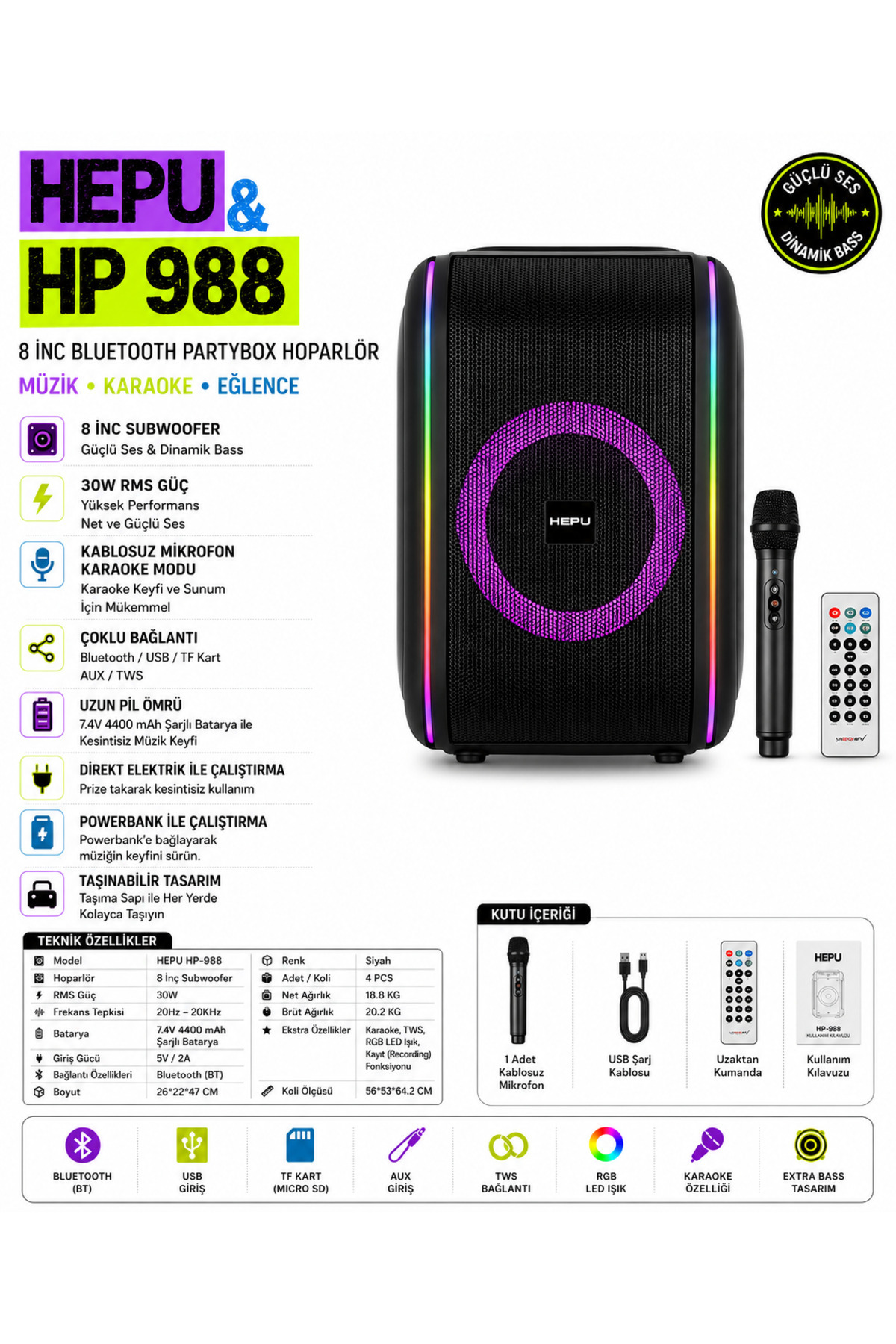HEPU HP-988 Taşınabilir Bluetooth Hoparlör 8” | 30W RMS | Kablosuz