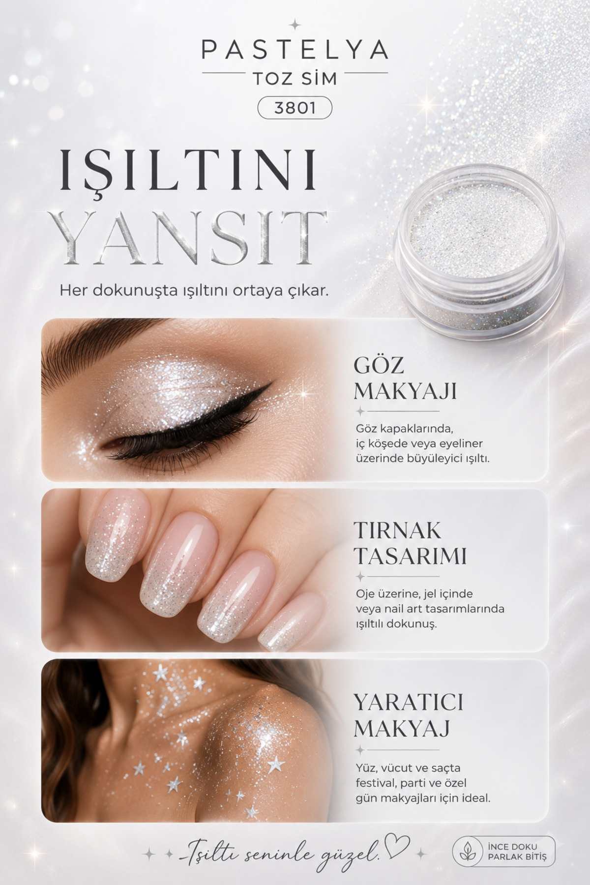 Glitter Sim Göz Farı Yüz ve Vücut Parıltısı Glitter Sim Far 3801-1/170 — سفید EY3801-1-170 — تصویر 3 از 3