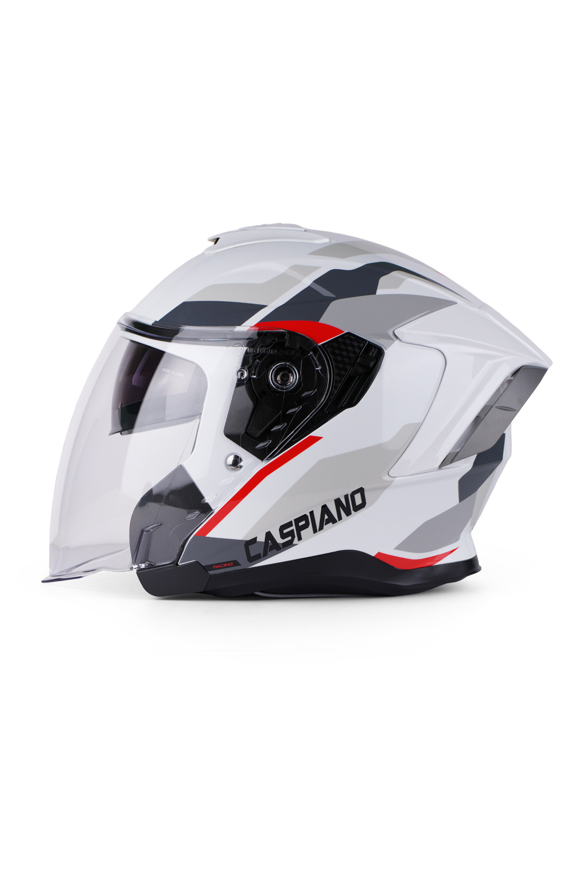 Caspiano Çenesiz Yarım Kask Çenesiz Csp 097 Glossy White Gray Red Şeffaf Vizörlü Motosiklet Kaskı