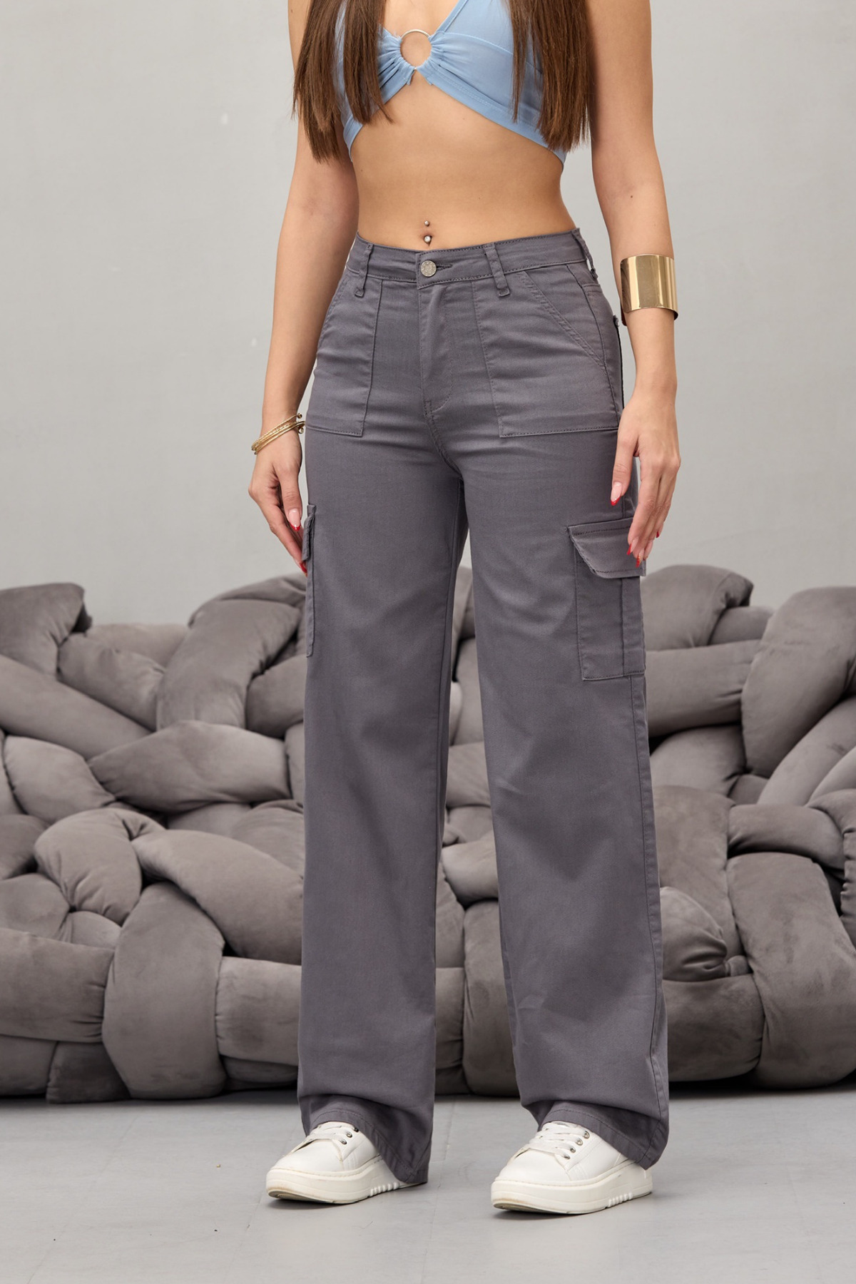BİKELİFE Gray Cargo Pocket Lycra High Waist Wide Leg Trousers