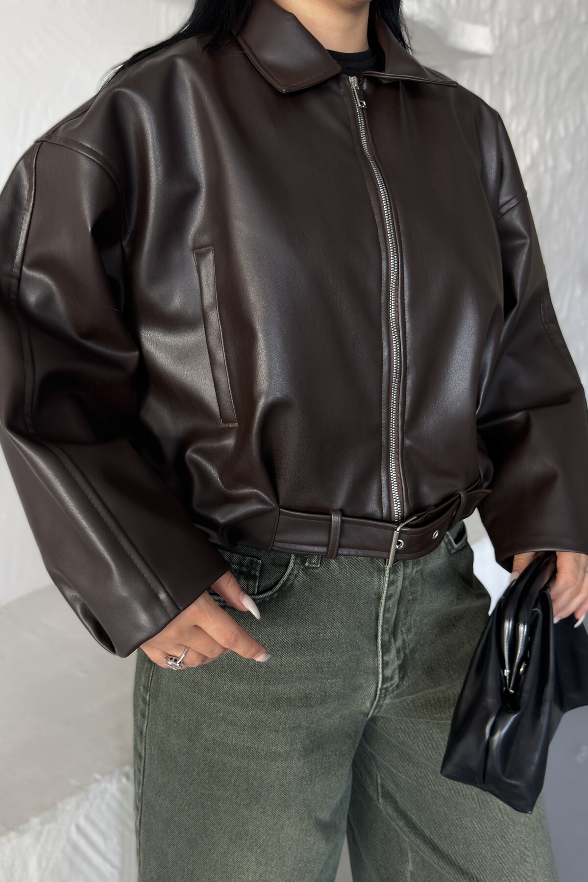 moda armanc Kadın Oversize Bomber Suni Deri Ceket | Yeni Sezon Kemerli Biker Ceket görsel 8